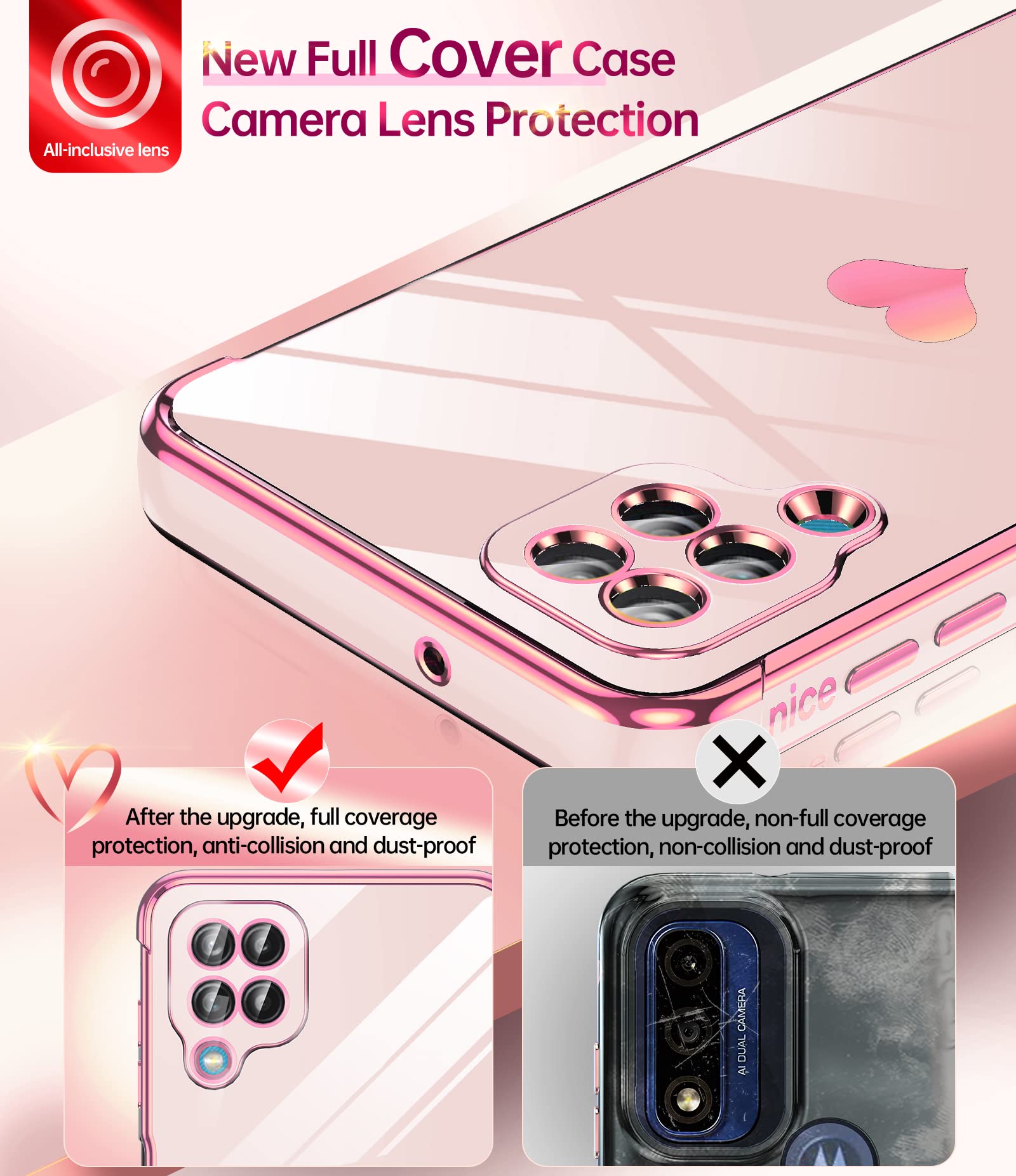 LeYi Samsung Galaxy A12 Phone Case Pink with Tempered Glass & Full Camera Lens Protection, Plating Love Heart Soft TPU
