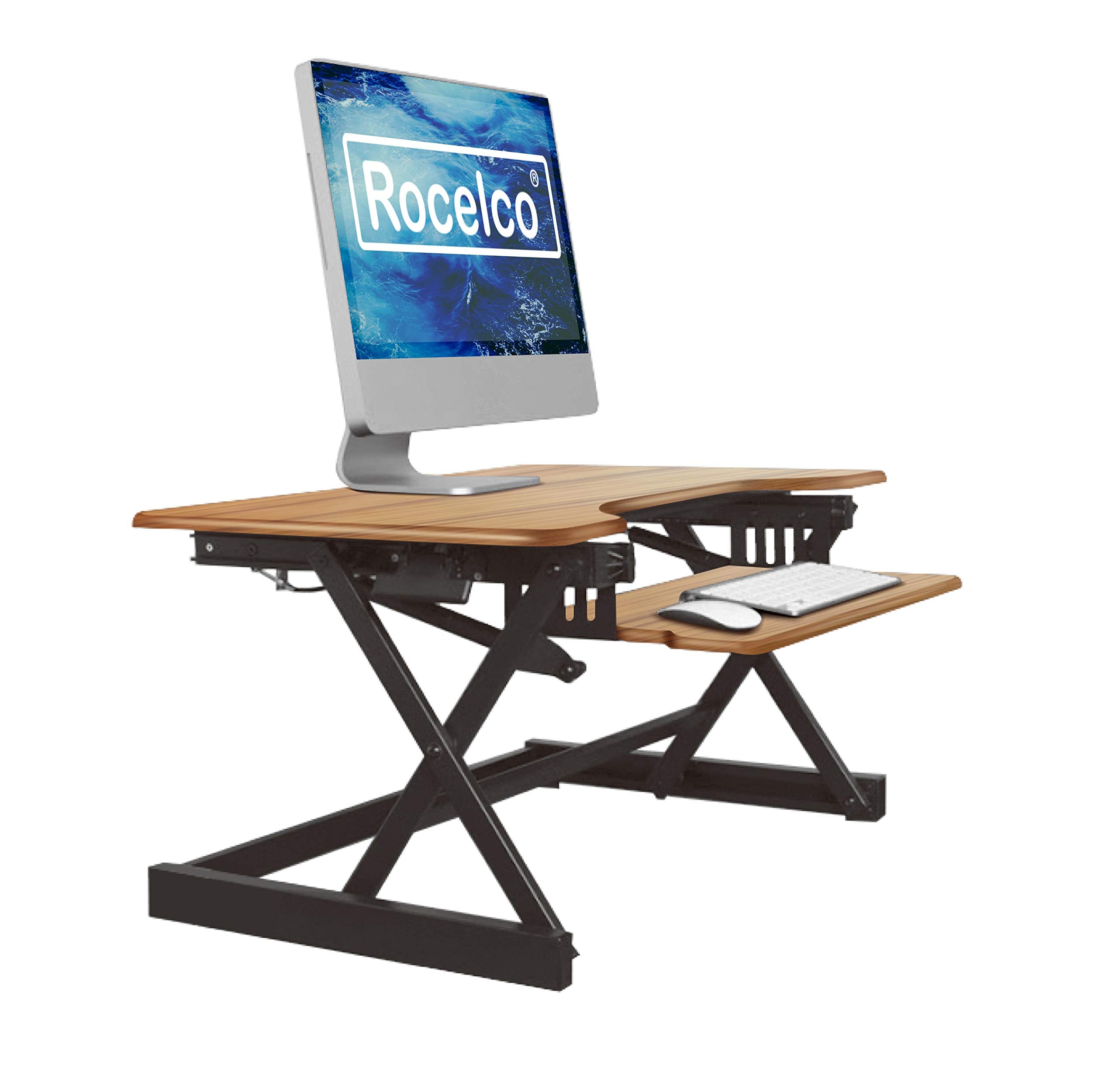 Rocelco 32'' Height Adjustable Standing Desk Converter   Sit Stand Computer Workstation Riser   Dual Monitor Retractable Keyboar