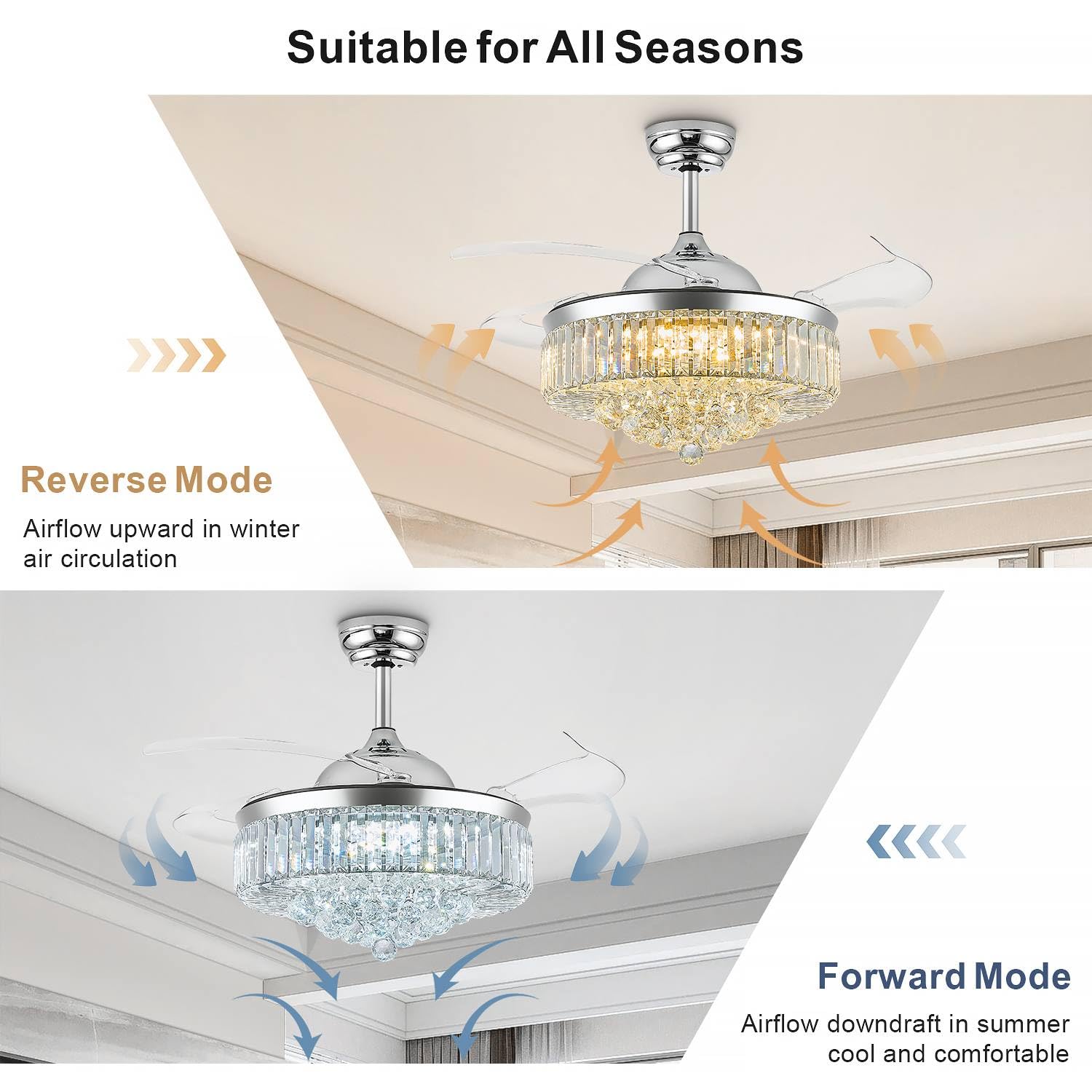 Deliyfans 42 Inch Chandelier Ceiling Fan, Fandelier Ceiling Fan With Light Crystal Ceiling Fan, Fandelier For Bedroom, Living Ro