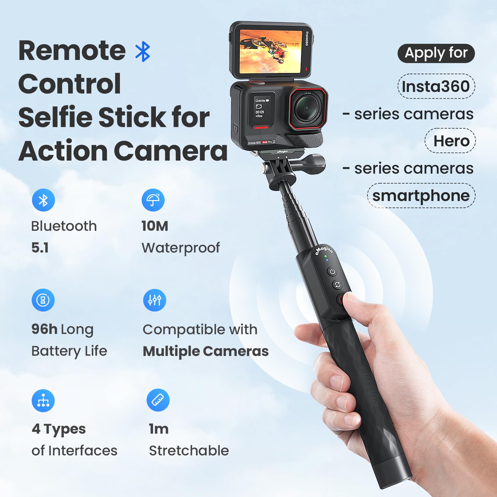 Aovee Remote Control Selfie Stick 100Cm Stretchable Compatible With Insta360/Gopro Action Camera And Ios Android Smartphone (Bal