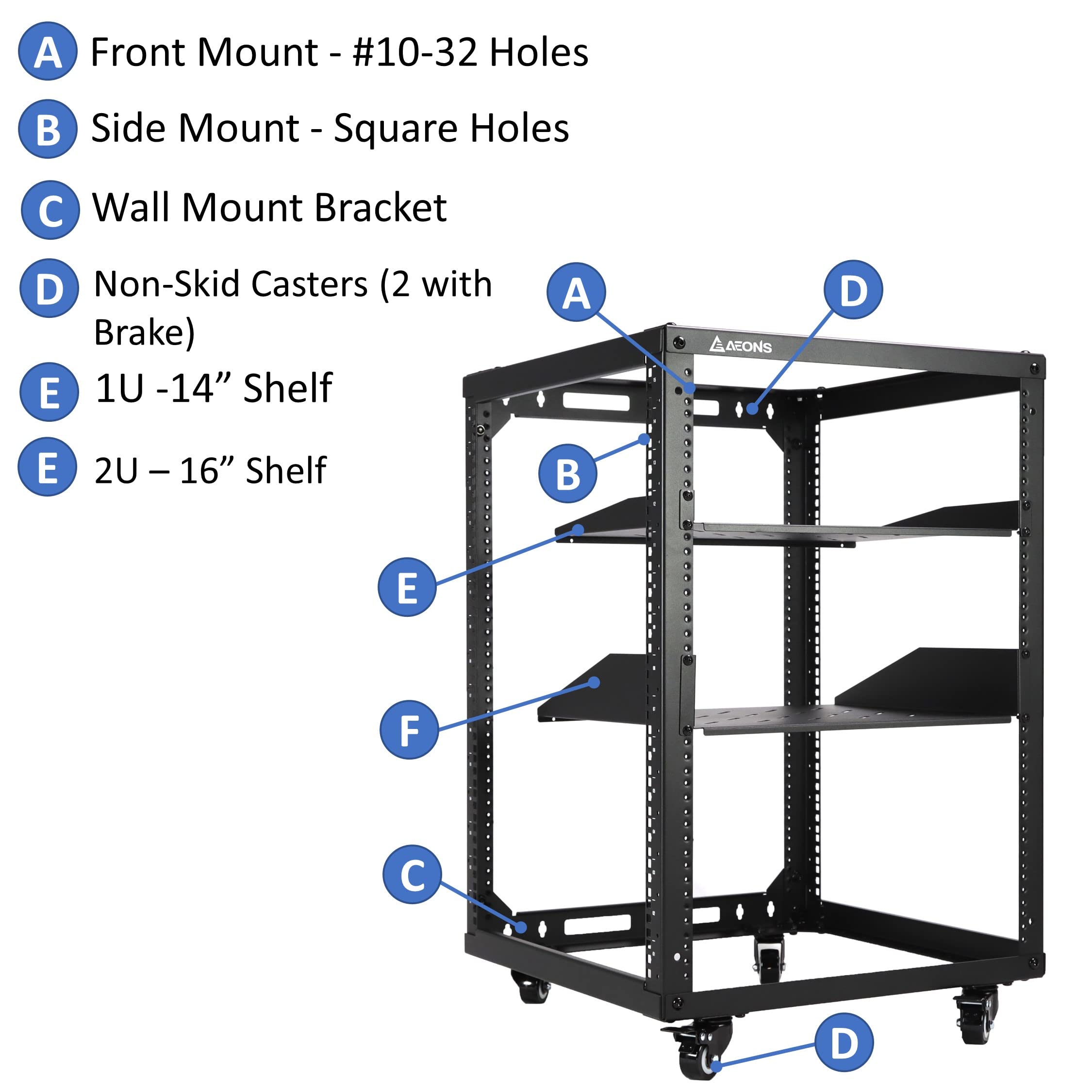 Aeons 20U Open Frame Network Server Rack 19 Inch 4 Post Av Rack With Casters For Floor Standing And Wall Mount, Side Load For Ex