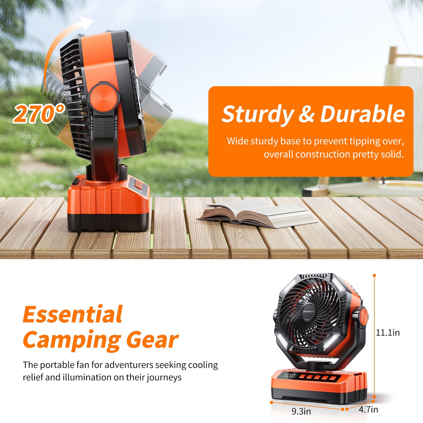 Camping Led Fan With Light, 40000Max Rechargeable Battery Powered Outdoor Tent Fan With Light And Hook, 4 Speed, Personal Usb De