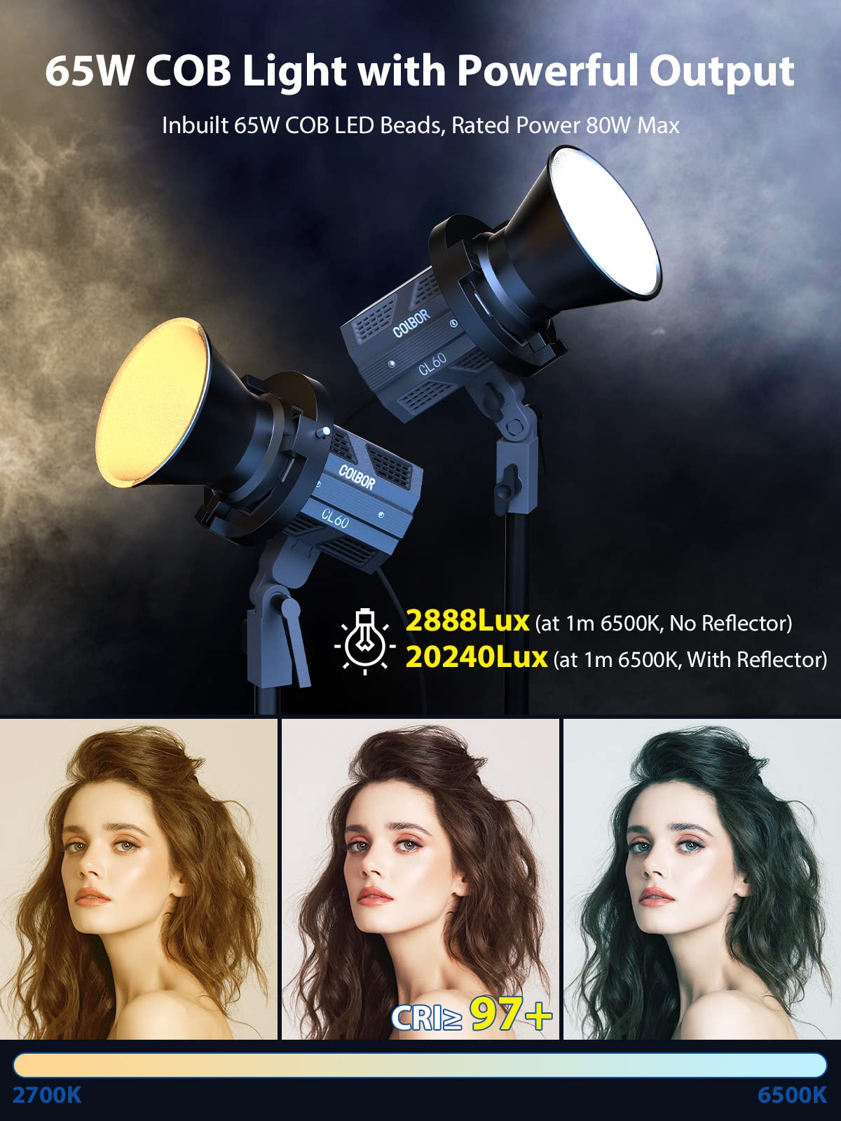 Video Light, Colbor Cl60 65W Cob Led Continuous Output Lighting 2700K 6500K Cri97+ Monolight With Bowens Mount App Control For O