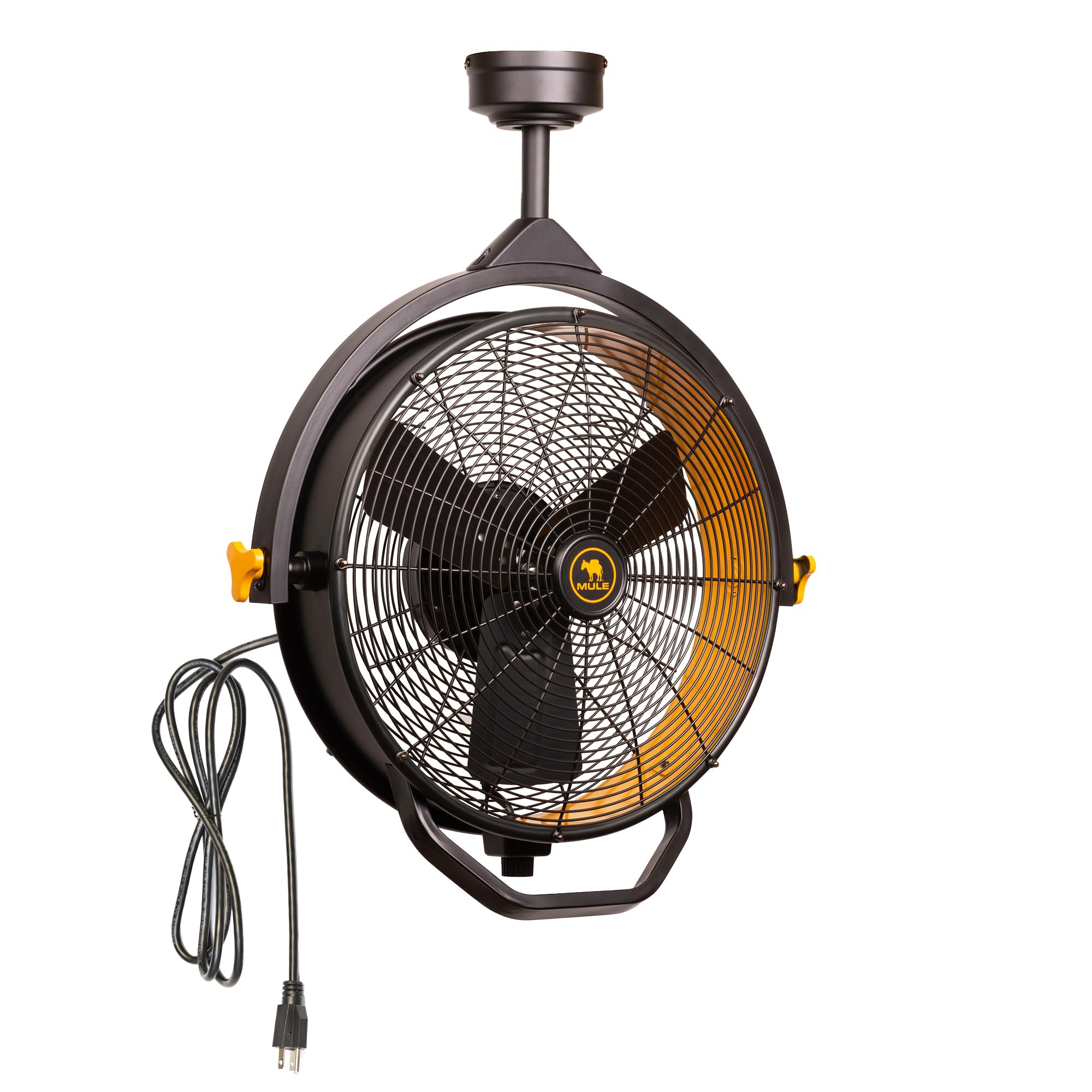MULE GARAGE FAN, CEILING MOUNTED PLUGIN CORD, 3 SPEED, POWERFUL 3000 CFM, INCLUDES 6IN AND 12IN DOWNRODS BLACK/YELLOW