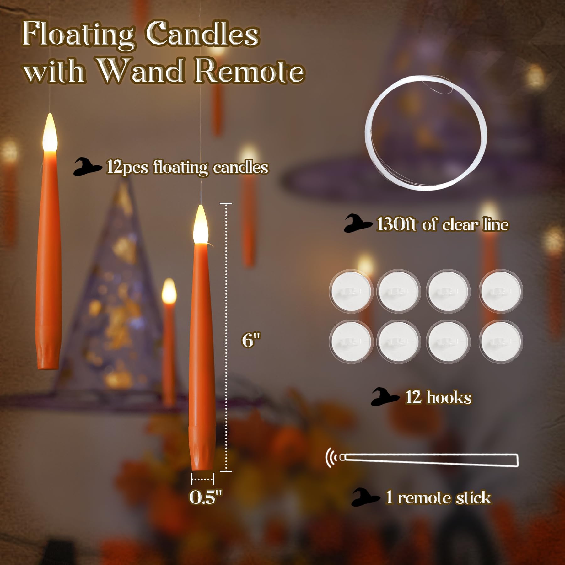 Zevanor Orange Floating Candles With Remote, 6    Flameless Flickering Hanging Candles With Timer Function, Battery Operated Led