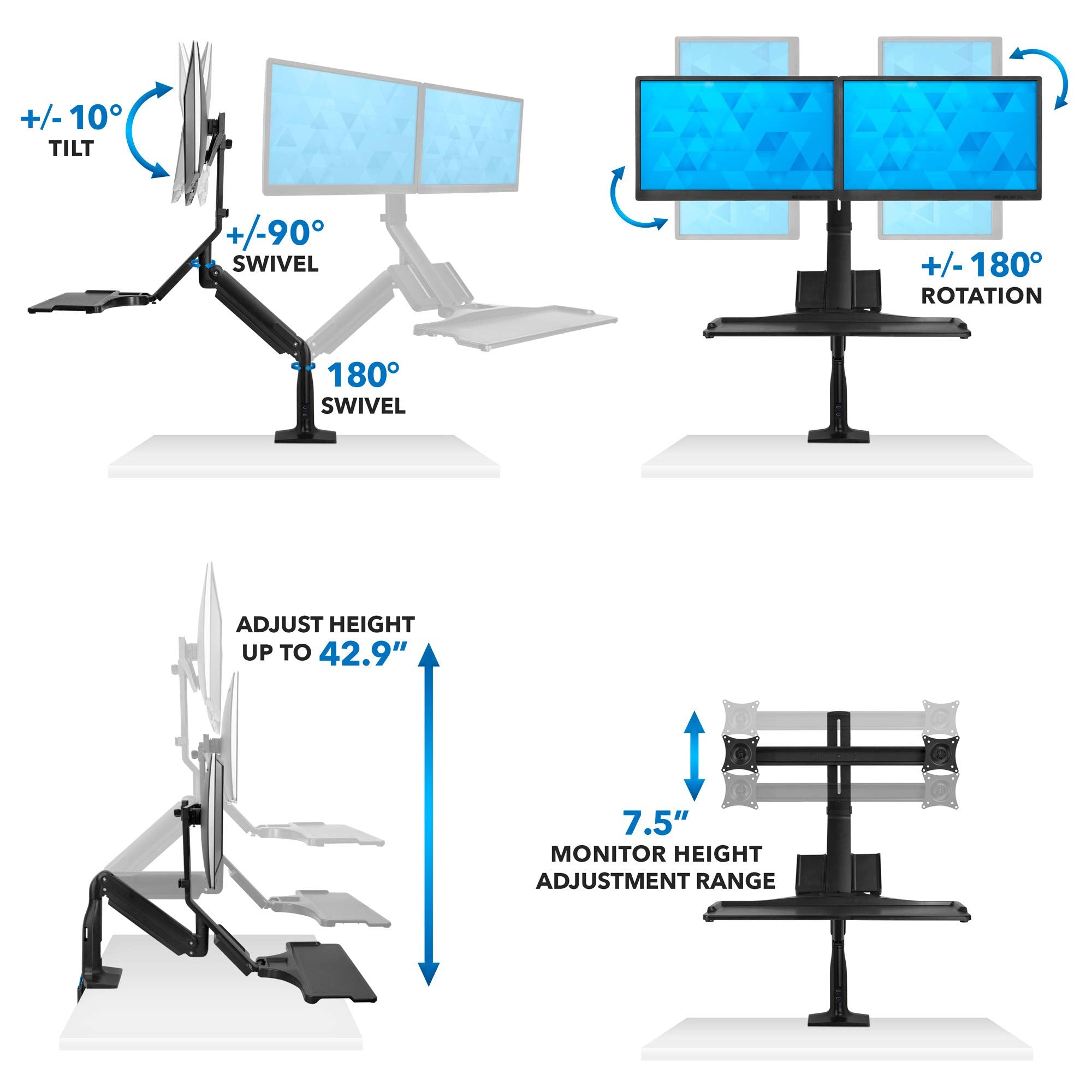 Mount It! Dual Monitor Sit Stand Workstation with Gas Spring Arm | Height Adjustable Standing Desk Converter | 2 Integrated USB 3.0 Ports | VESA 75 100 | C Clamp and Grommet Base