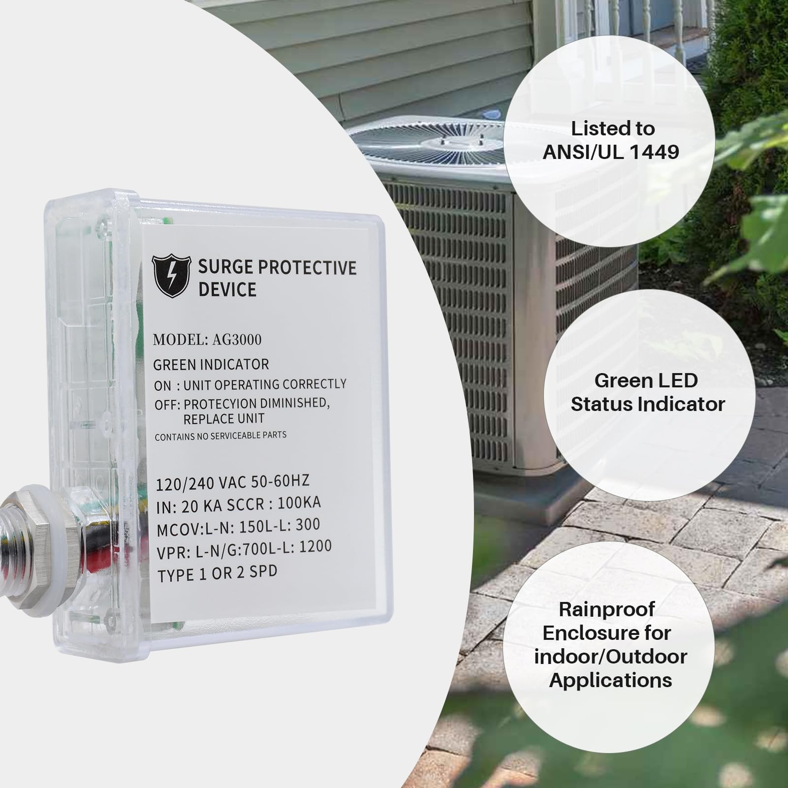 Ag3000 120/240 Vac Hvac Surge Protective Device - Surge Protective Device With Tpmov Technology, Watertight Enclosure, L-G, L-L,