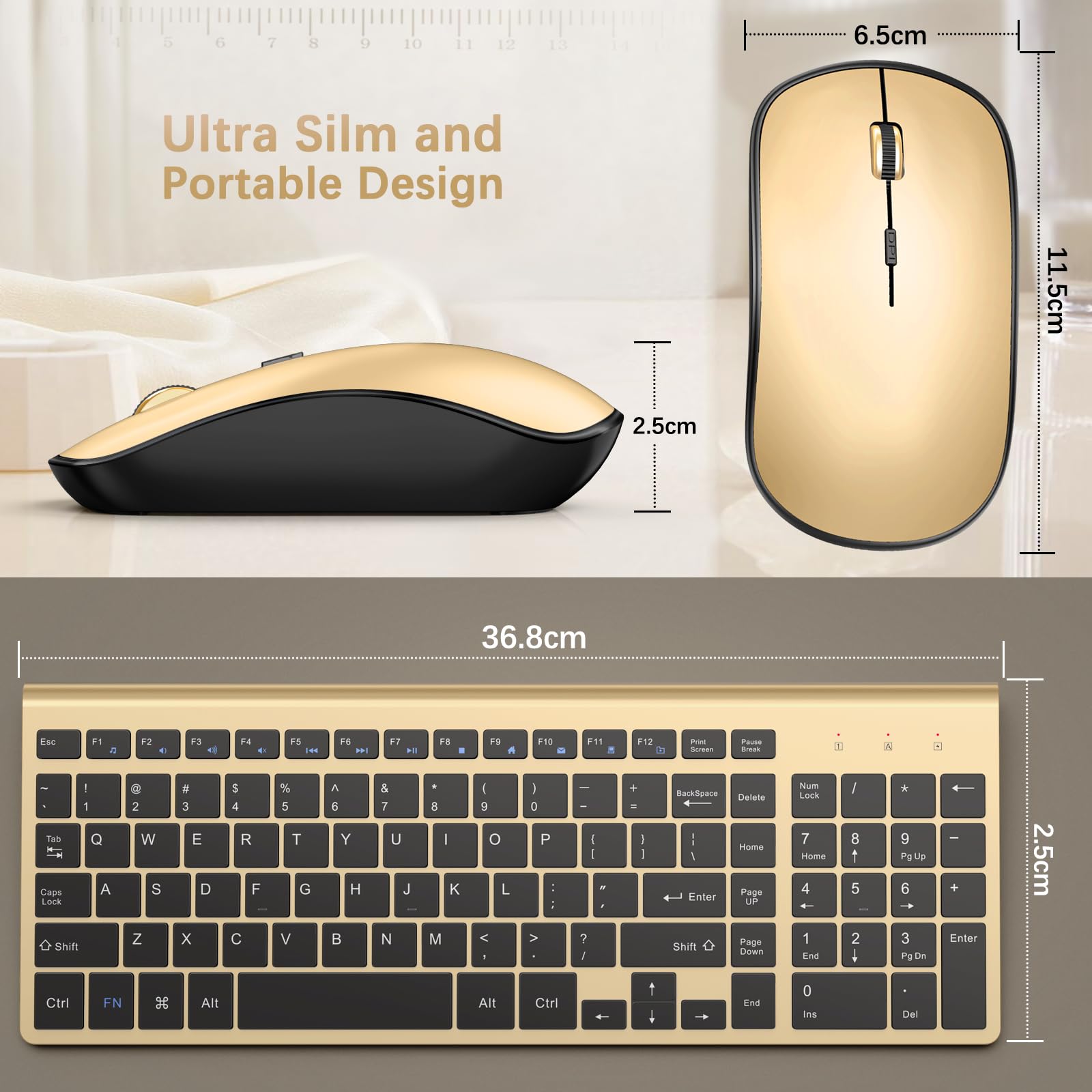 Wireless Keyboard And Mouse Combo, J Joyaccess Slim And Compact Gold Wireless Keyboard And Mouse,Portable And Comfortable Typing