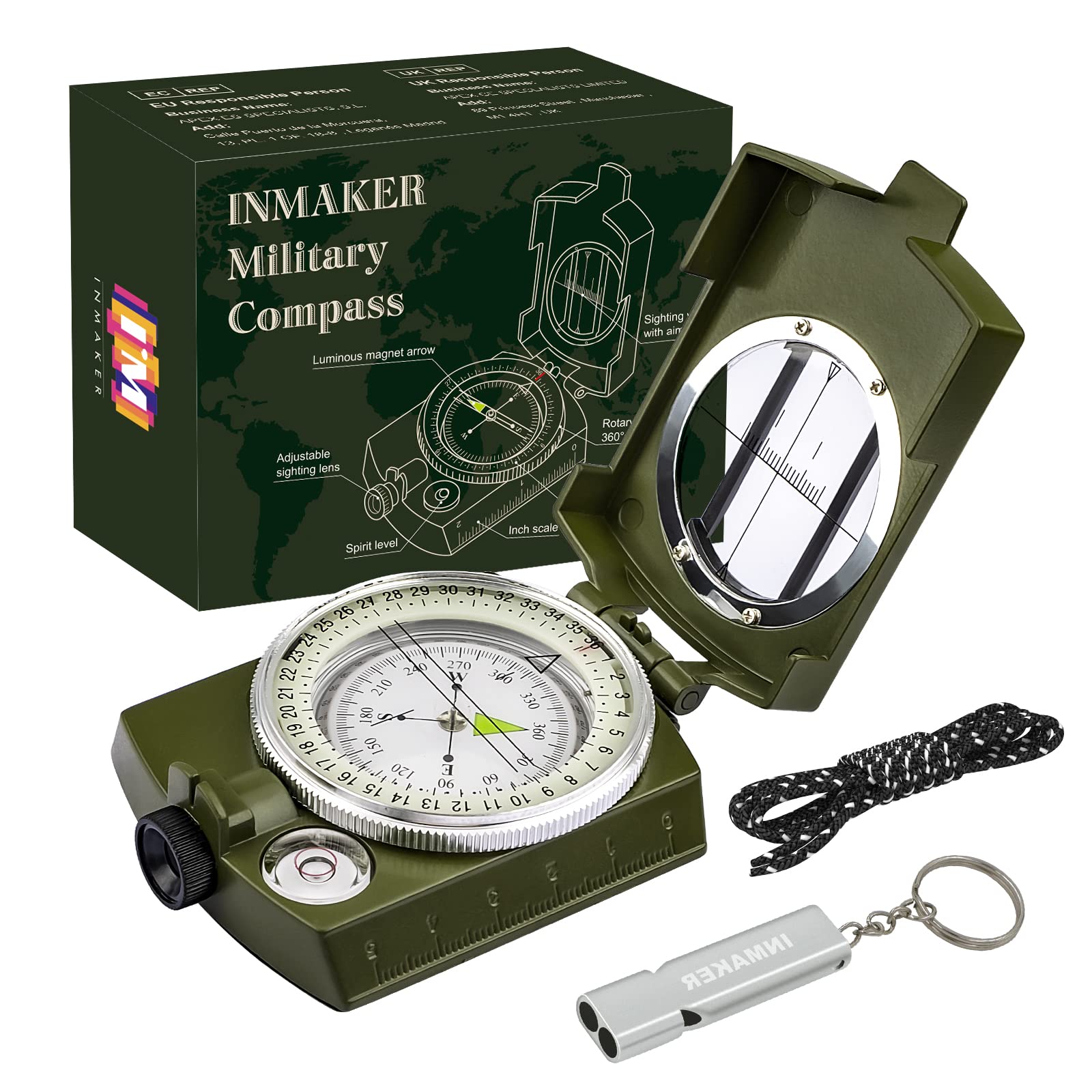 INMAKER Compass, Compass Hiking with Survival Whistle, Luminous Compass Gift for Kids, Apply to Outdoor Survival, Camping and Na