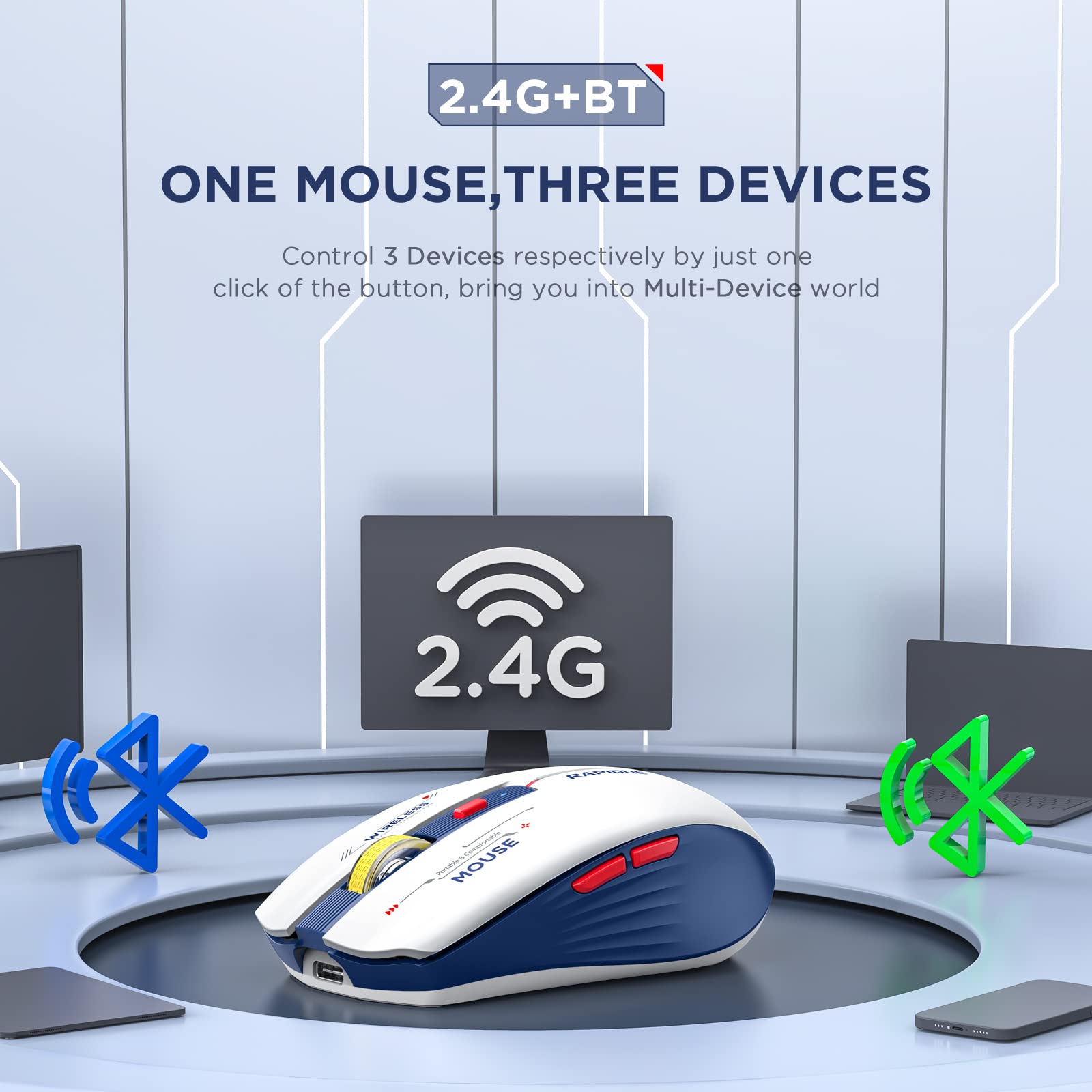 Rapique Bluetooth Wireless Mouse   (Bt1/Bt2+Usb) Tri Mode High Performance, Rechargeable, Multi Device Compatible With Pc/Laptop