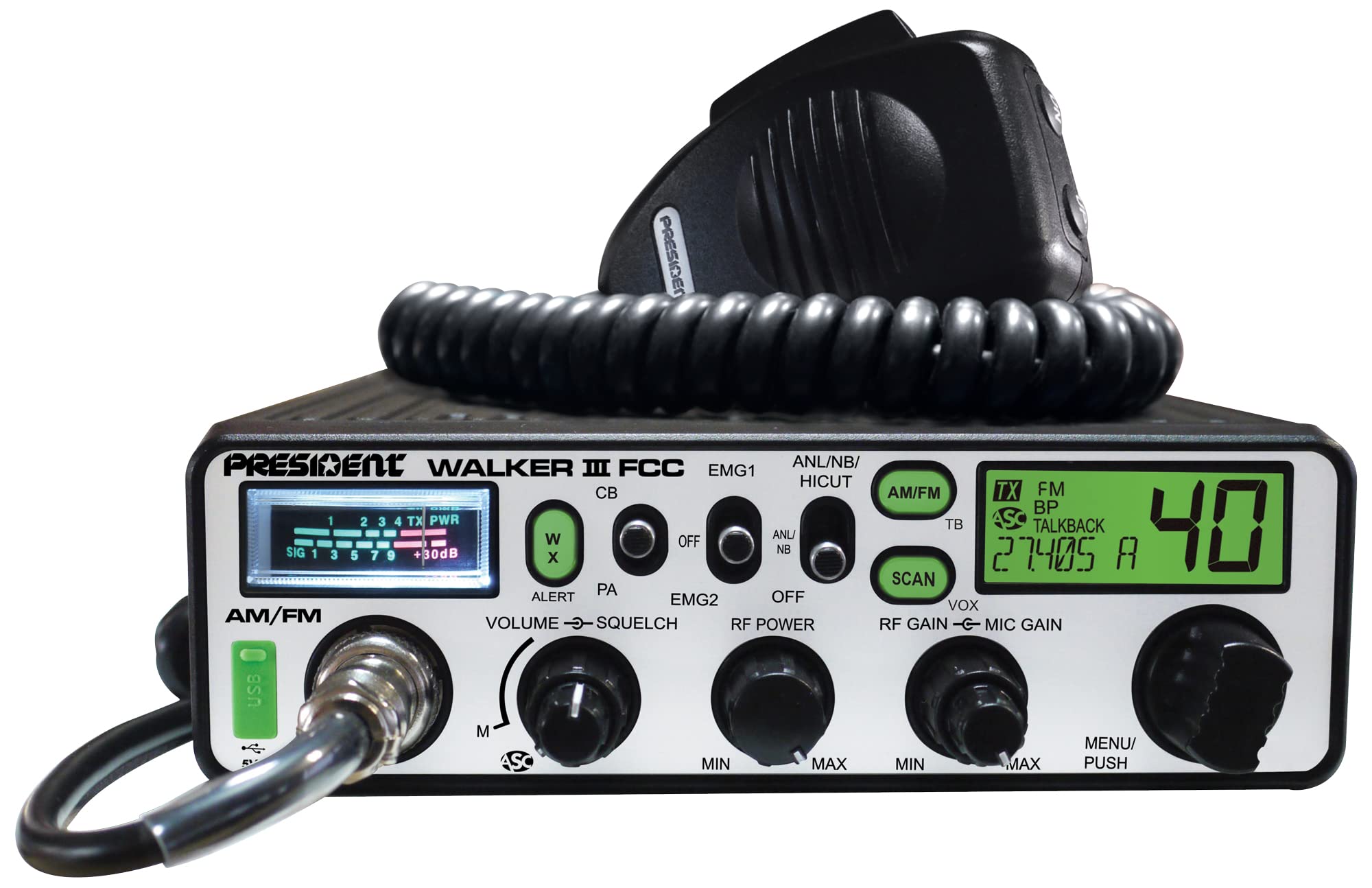 President Electronics Walker FCC CB Radio - 40 Channel Weather Alert and Auto Squelch Control Compact Radio for Truckers - Black