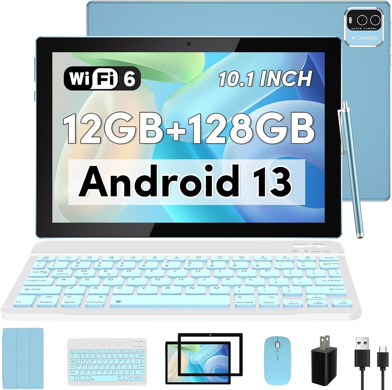 Android 13 Tablet 10 Inch, 2 In 1 Tablets With Keyboard, 12Gb Ram+128Gb Rom 1.8Ghz Quad Core Cpu, 2.4G/5G Wifi 6 Bt 5.0 Tablet P