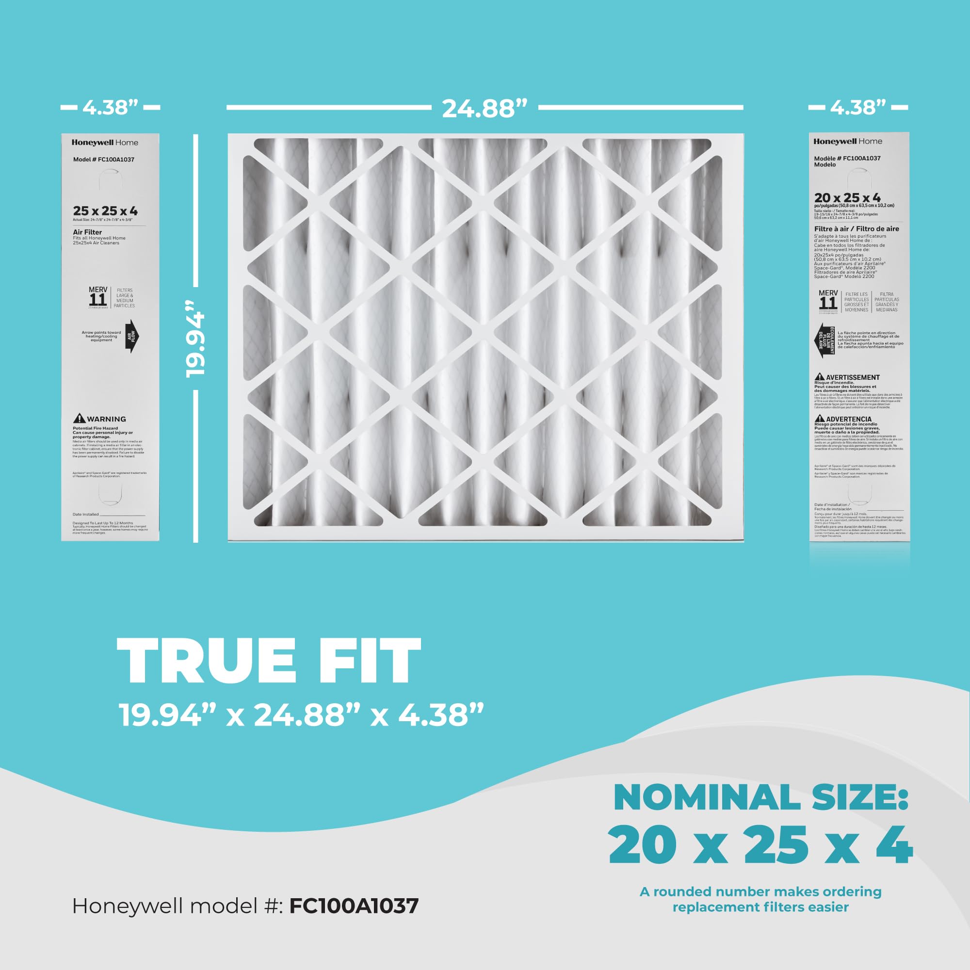 Honeywell 20X25X4 Air Filter Replacement Merv 11, Fc100A1037 Pleated Hvac Ac Furnace Filters With Wholesalehome Cleaning Cloth,