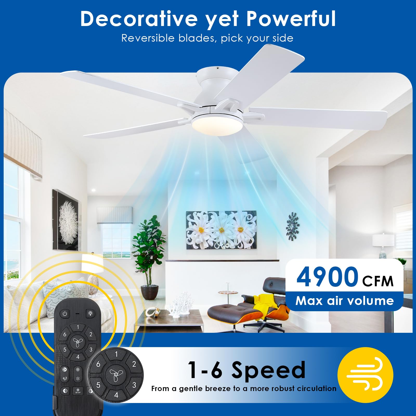 Chesur 56'' White Outdoor Ceiling Fans With Lights   Flush Mount Ceiling Fan Light With 5 Dual Sided Blades And 6 Speeds Reversi