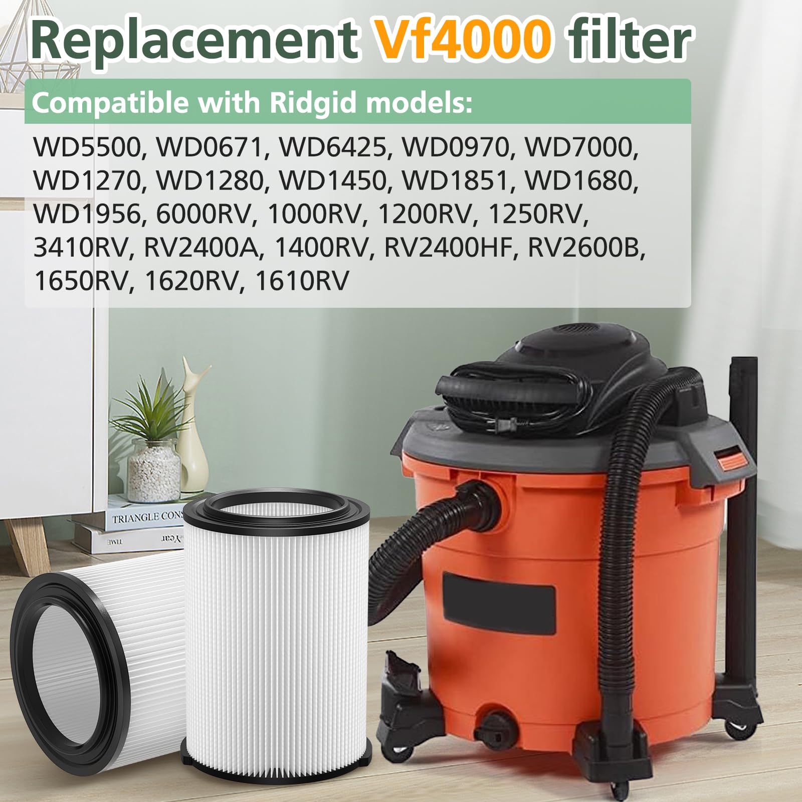 2 Pack Vf4000 Replacement Filter For Ridgid, Standard Wet/Dry Vac Filter Vf4000 Compatible With Ridgid Vacs Wet Dry 5 20 Gal, 6