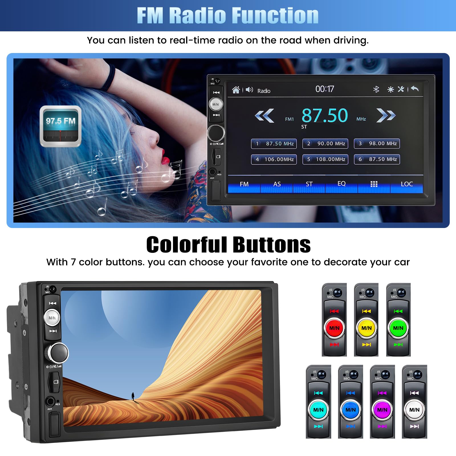 Double Din Car Stereo With Apple Carplay&Android Auto,7 Inch 1080P Touchscreen Car Radio Multimedia Player With Fm Radio Bluetooth Mirror Link Swc Usb/Sd/Aux In Port+12Led Backup Camera&Remote Control