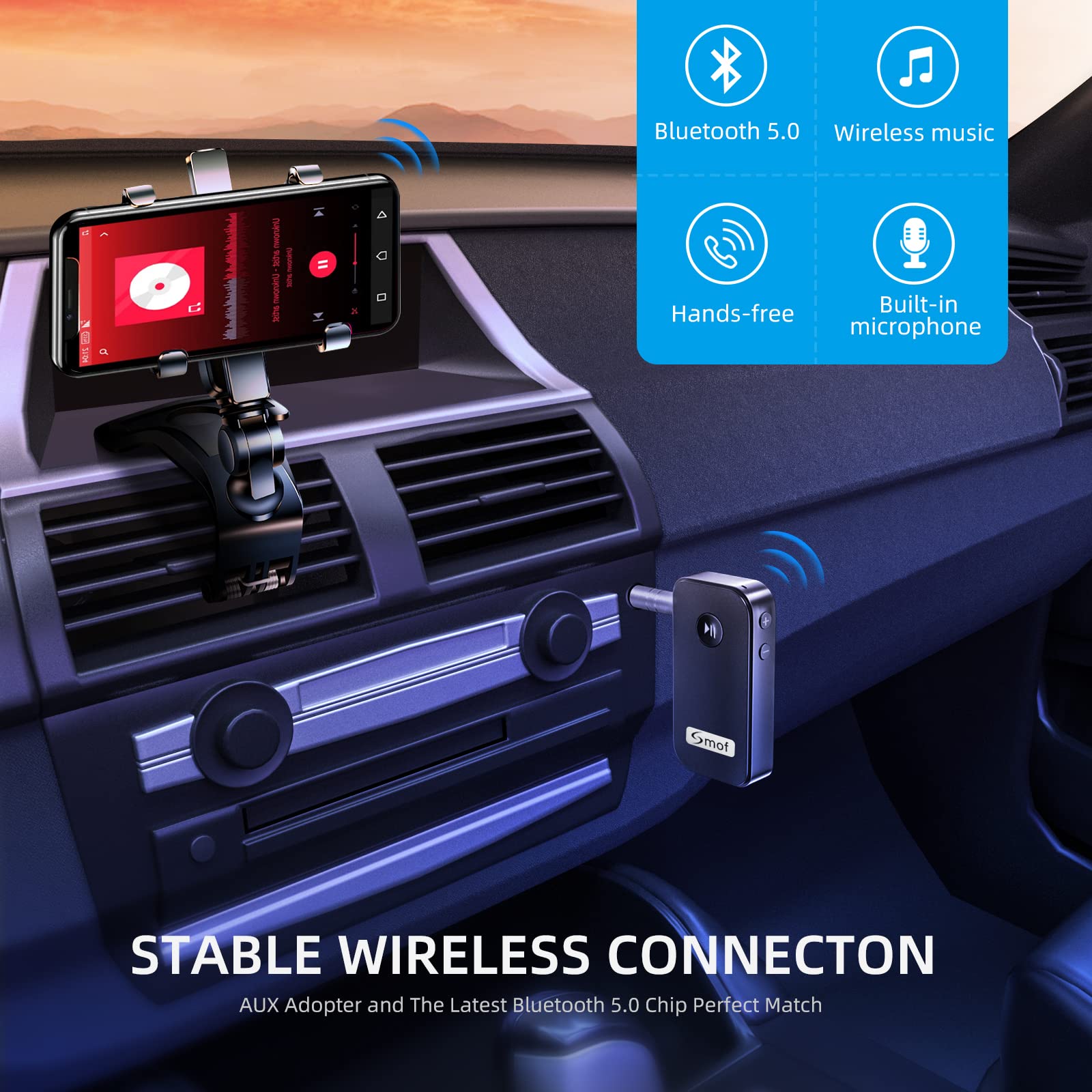 Smof Aux Bluetooth Adapter For Car,Bluetooth 5.0 Receiver/Portable Hands Free Call/Car Stereo Music/Noise Cancelling/Wireless Audio Adapter With Microphone For Home,Black