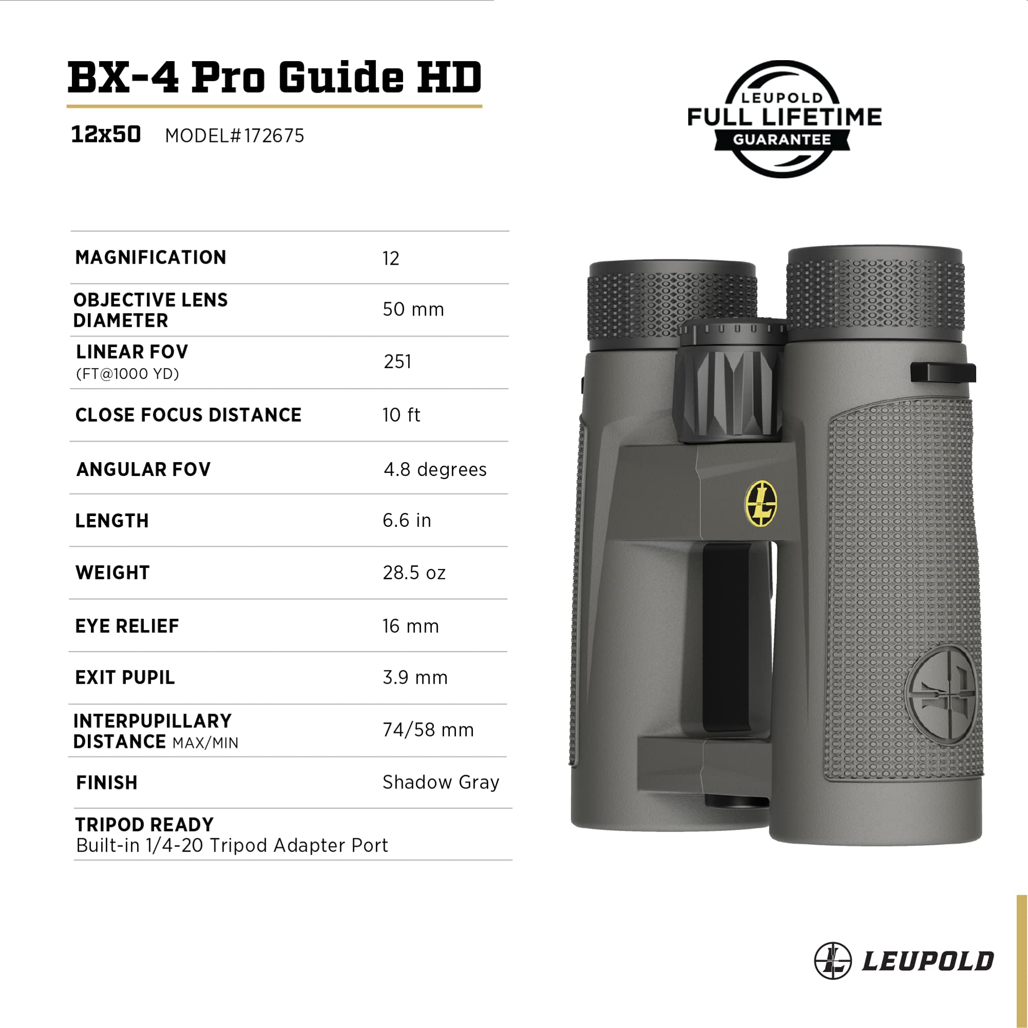 Leupold Bx 4 Pro Guide Hd Binoculars, 12X50Mm, Shadow Gray (172675)