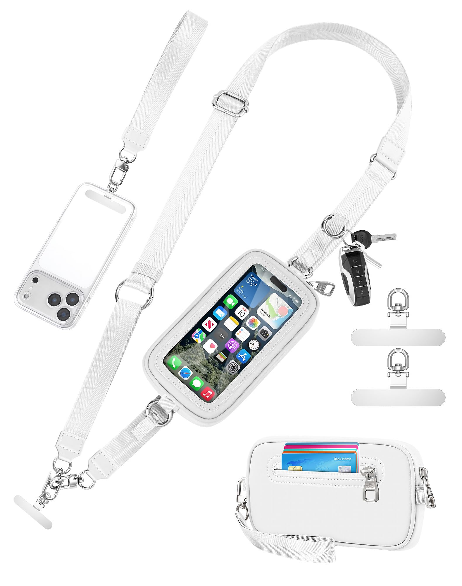 Clip and Go Strap for Phone with Wallet Crossbody, Detachable Wristlet Strap Pocket with Zipper Phone Screen ID Window, 2 Pcs Me