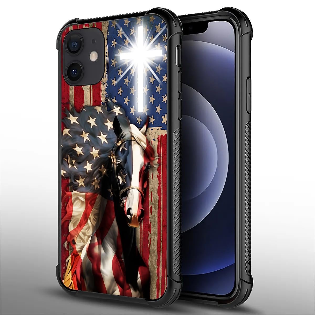 Fkbrcl4U For Iphone 12/12 Pro Case, Red American Flag Horse Cross Pattern Graphic Design Girl Boy Soft Silicone Hard Acrylic Sho
