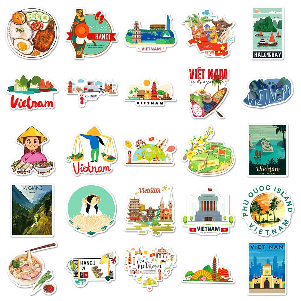 Vietnam Travel Stickers |50Pcs Vietnamese Waterproof Vinyl Decals For Bike Water Bottles Laptop Bicycle Refrigerator Cup Luggage