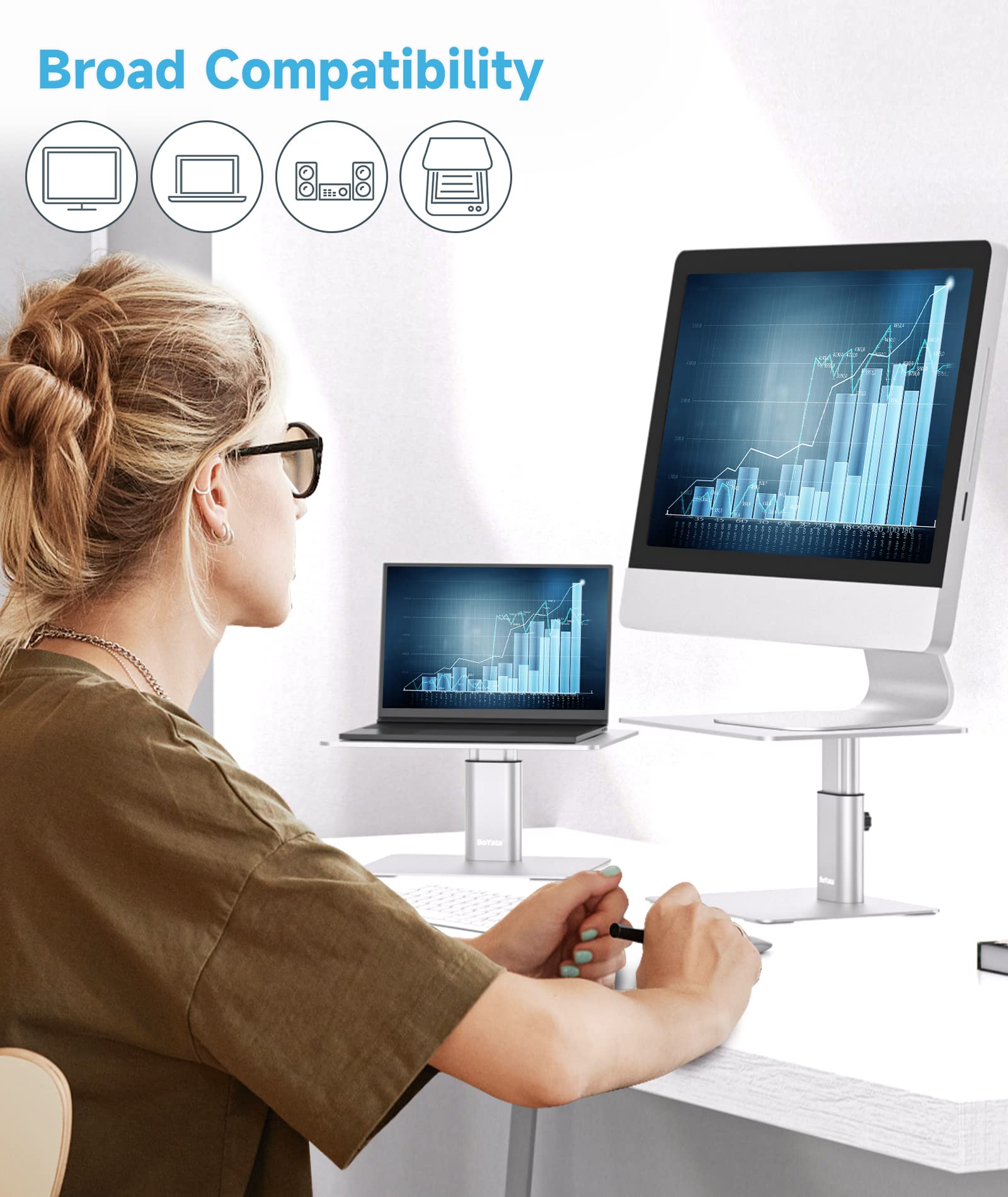 Boyata Monitor Riser Stand, Adjustable Height Metal Desktop Stand Storage Organizer Compatible With Tv, Pc, Laptop, Computer, Im