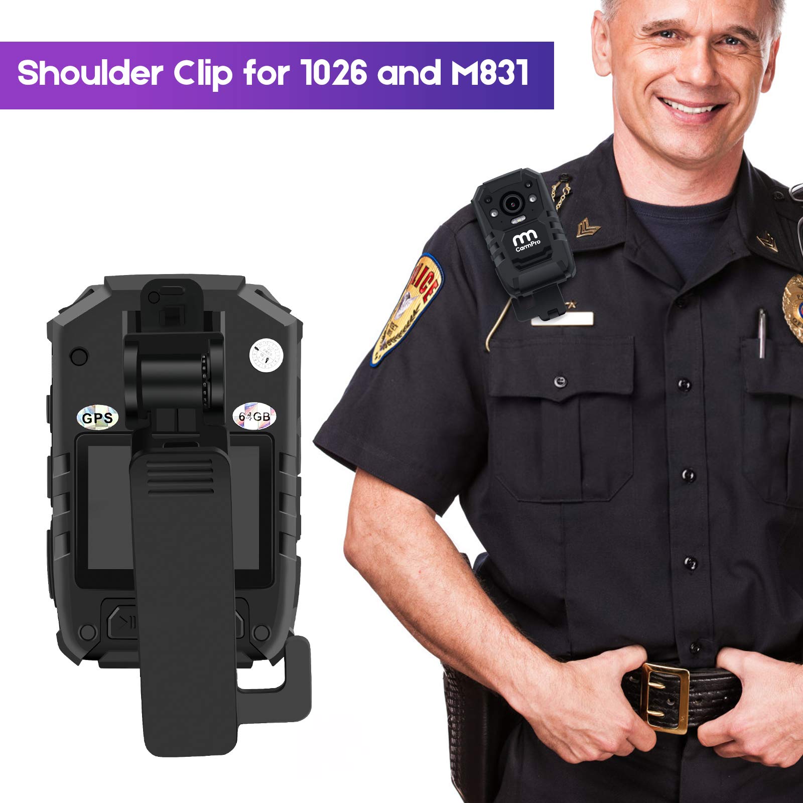 Cammpro Body Worn Camera Accessories Bundle Kit For Body Camera I826, Screw Clip+Car Charger+Suction Cup Mount+Shoulder Clip
