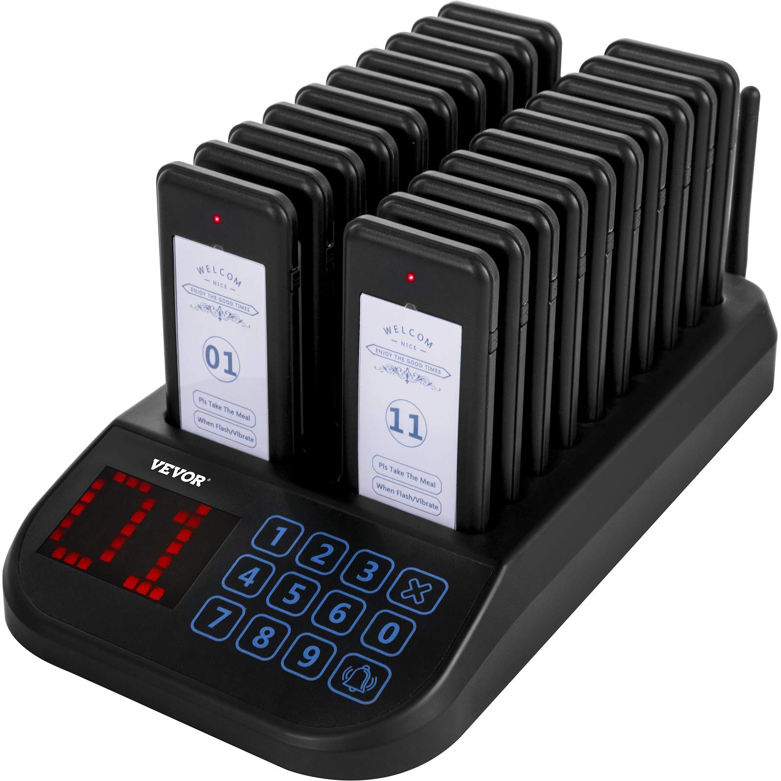 VEVOR F103 Restaurant Pager System 20 Pagers, Max 98 Beepers Wireless Calling System, Touch Keyboard with Vibration, Flashing an