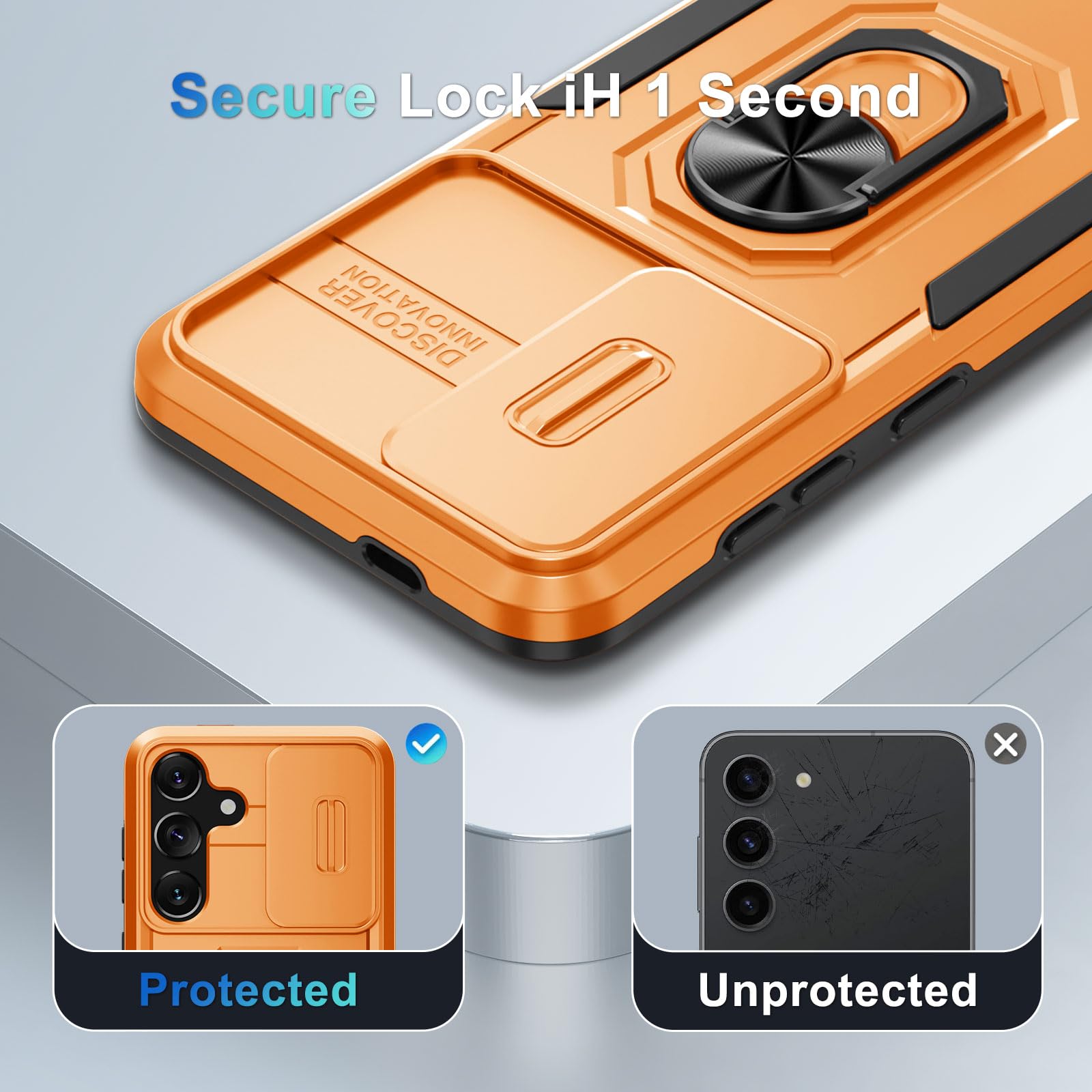 Janmitta Compatible With Samsung Galaxy S24 Case Built In Slide Camera Lens Cover+Screen Protector+Ring Holder,Heavy Duty Shockp