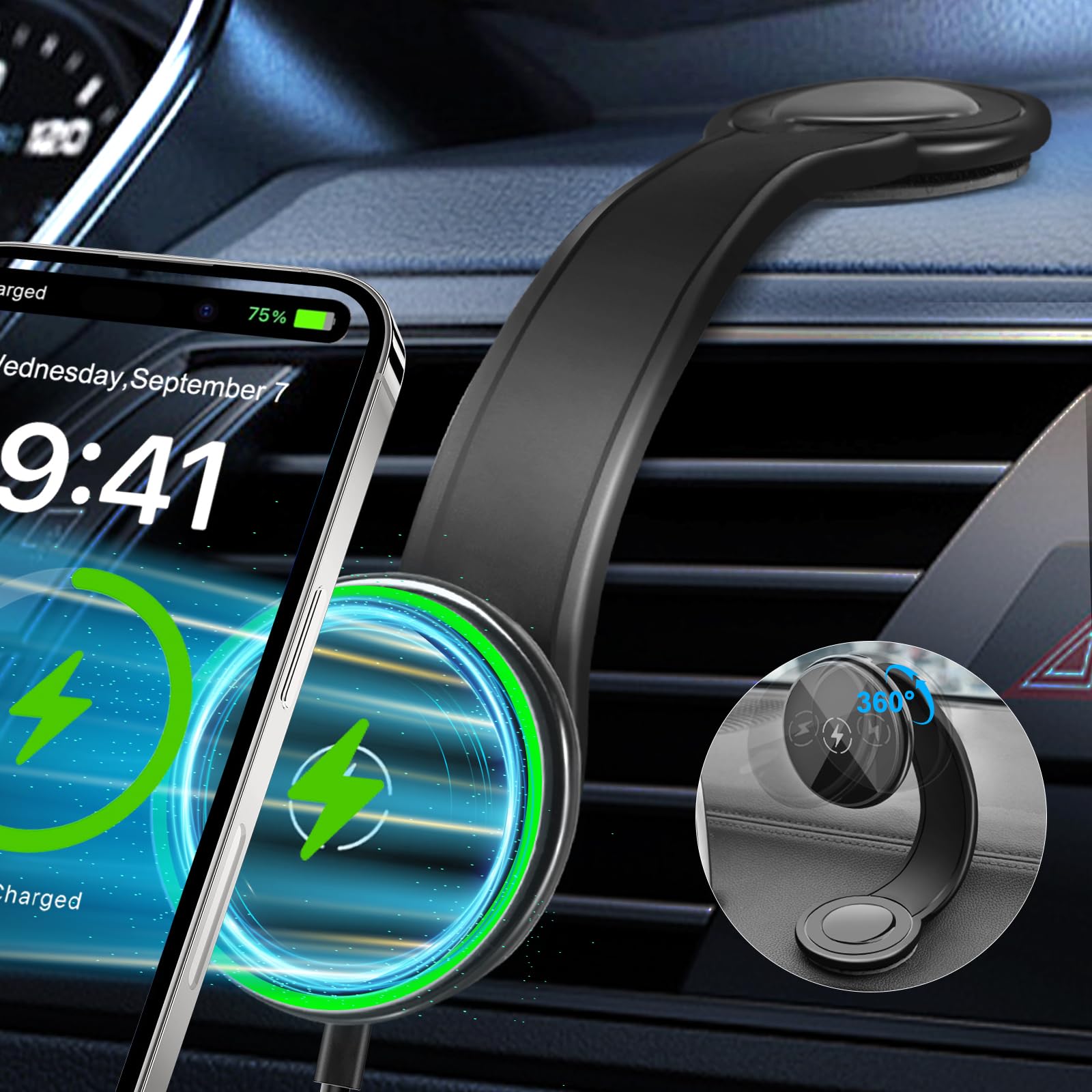 Upgraded Magnetic Wireless Car Charger, 15W Fast Charging For Magsafe Car Mount Charger With 360 Adjustable Arm, Relocatable Cel