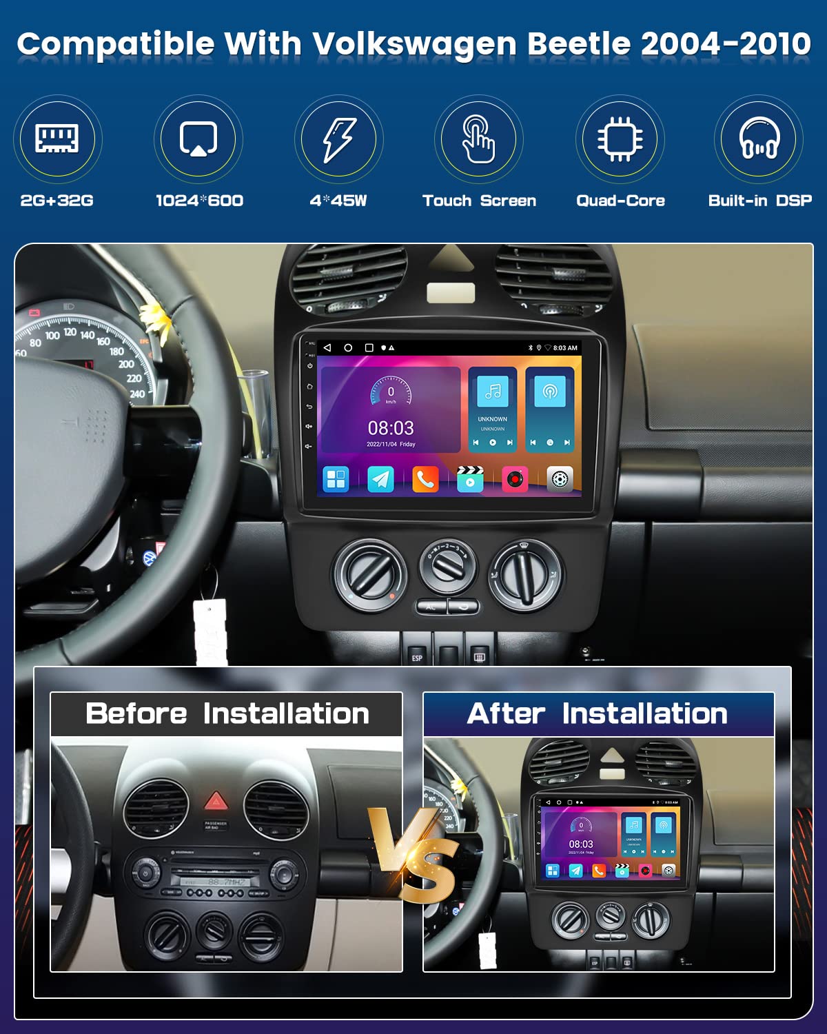 Roinvou 2+32G Android Car Stereo For Volkswagen Vw Beetle 2004 2010, 9'' Touchscreen In Dash Gps Navigation With Wireless Carpla