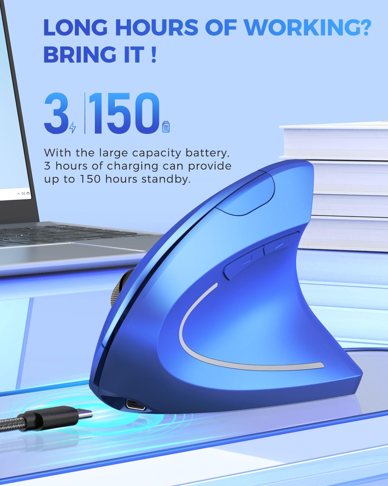 Lekvey Ergonomic Mouse, Vertical Wireless Mouse Rechargeable 2.4G Usb Optical Carpal Tunnel Mice : 3 Dpi 800/1200/1600 Levels 6 Buttons, For Laptop, Pc, Computer, Desktop, Notebook Etc, Blue