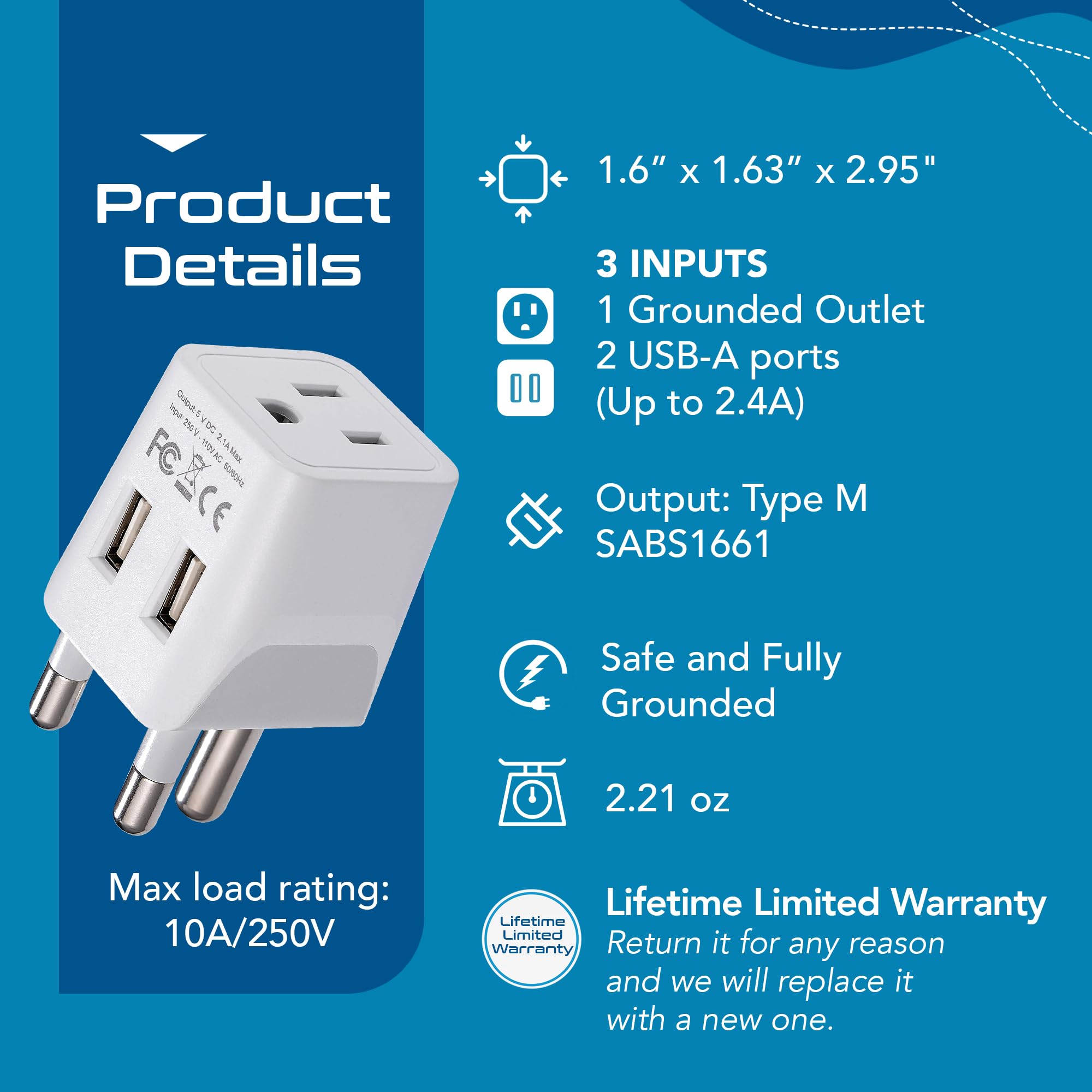 Ceptics South Africa, Botswana Travel Adapter Plug With Dual Usb + Usa Input - Type M - Ultra Compact - Safe Grounded Perfect Fo
