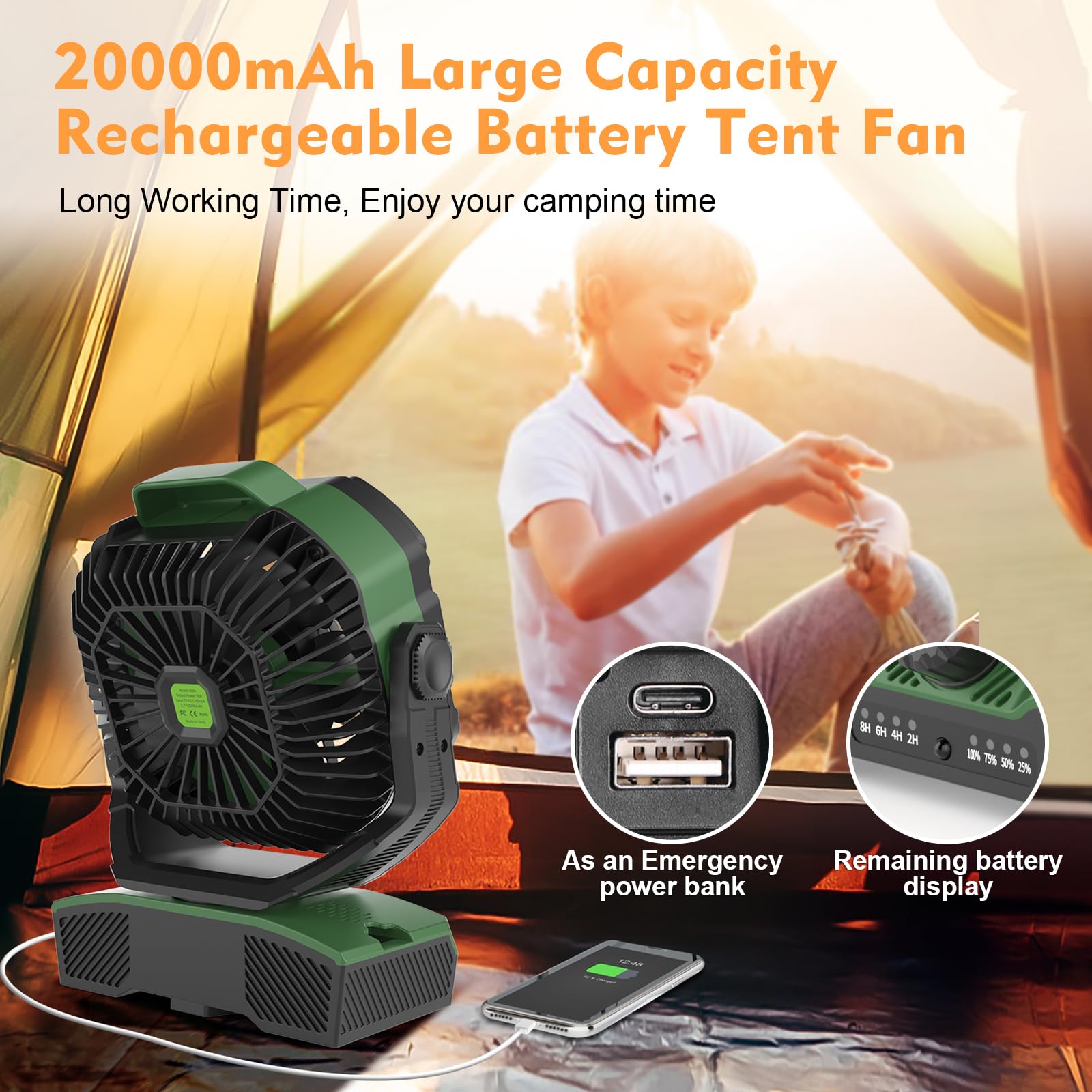 Runtop 20000Mah Oscillation Camping Fan, Rechargeable Fan With Rgb, Remote, Battery Operated Outdoor Tent Fans W/Hanging Hook, P