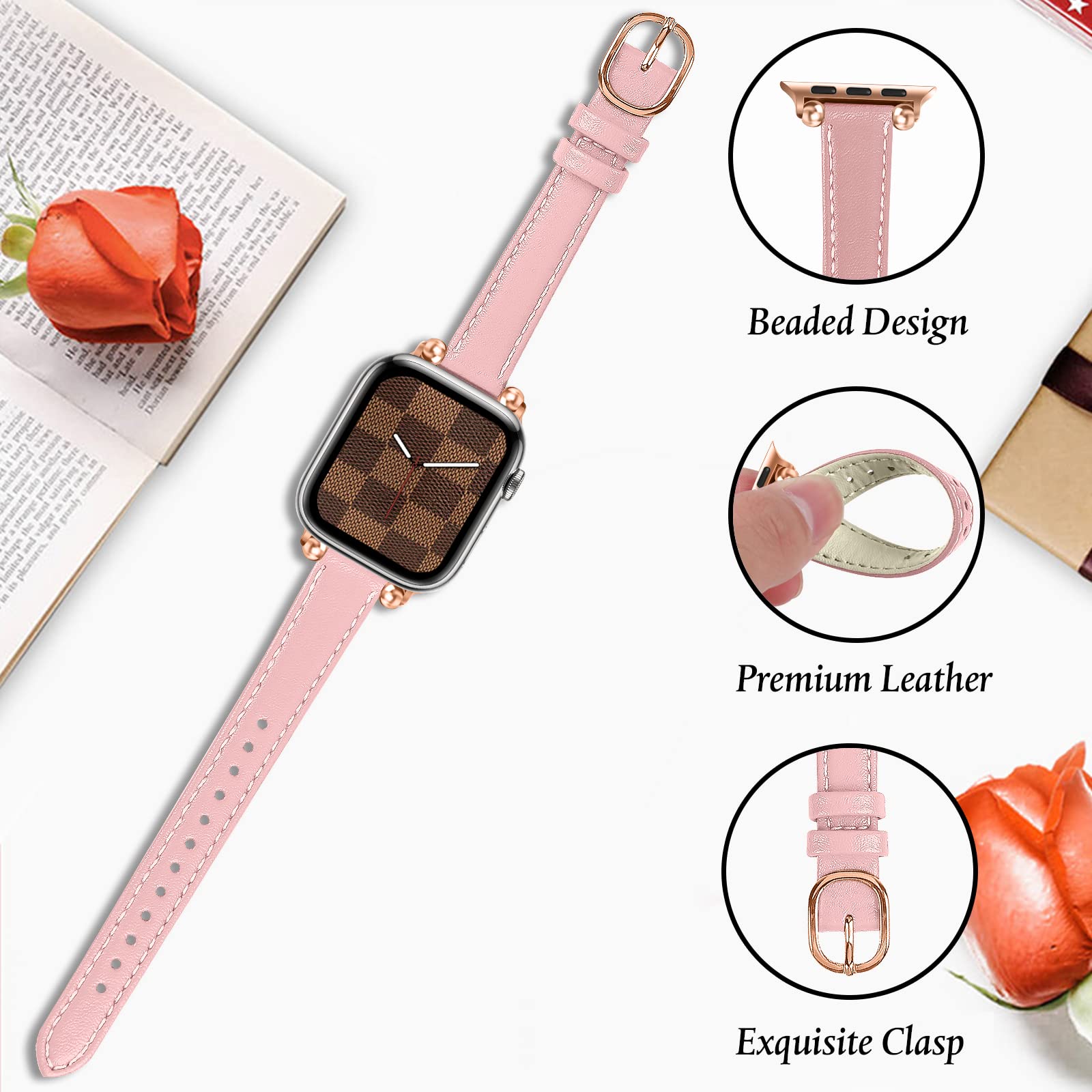 Joyozy Slim Leather Band For Women Compatible With Apple Watch 49Mm 45Mm 44Mm 42Mm 41Mm 40Mm 38Mm, Cute Fancy Top Genuine Leathe