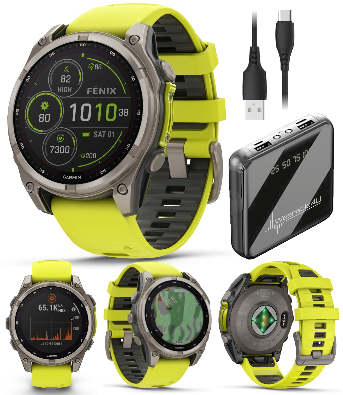Wearable4U Garmin Fenix 8 - 47 mm, Solar, Multisport GPS Smartwatch, Sapphire, Titanium with Amp Yellow/Graphite Silicone, Built