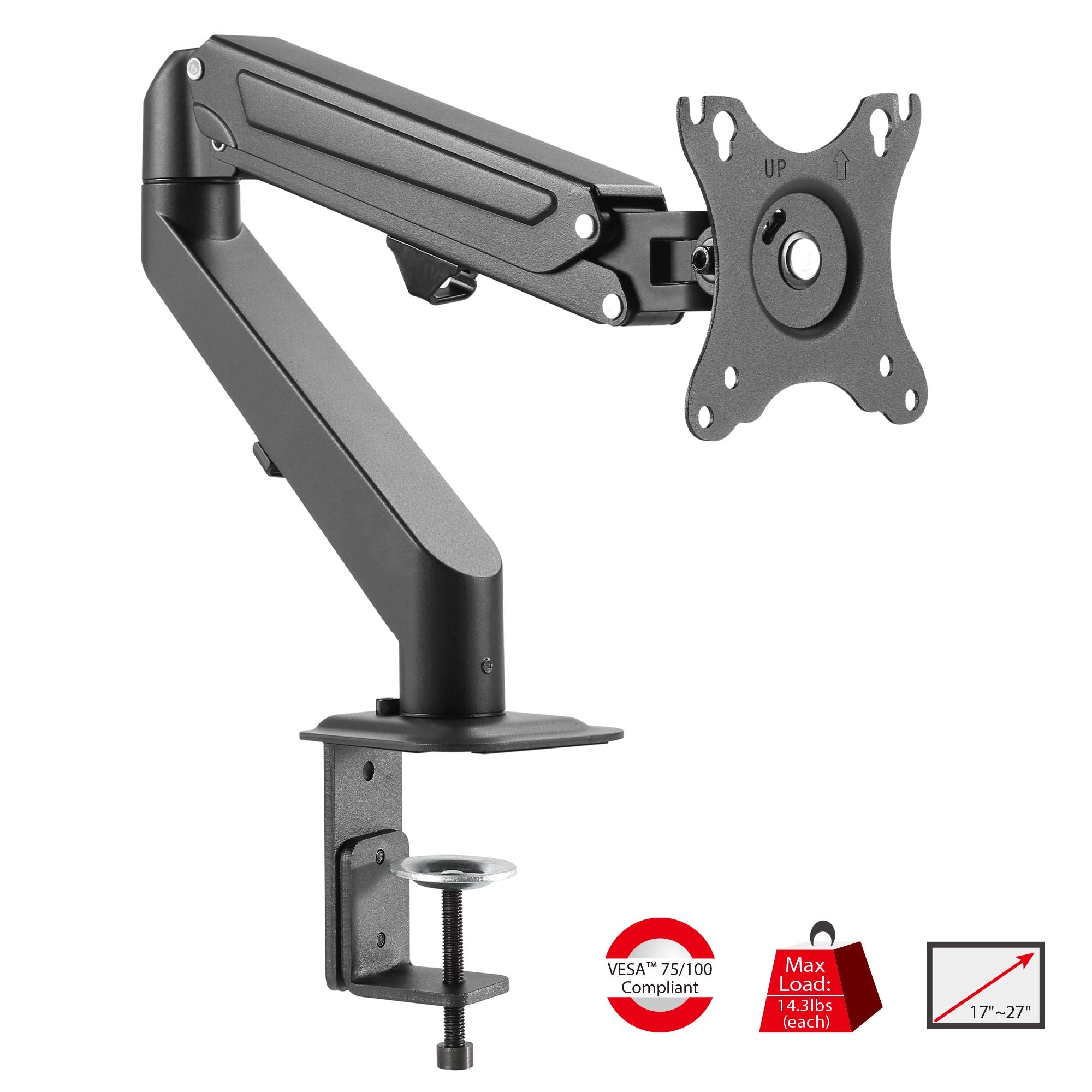 Siig Single Monitor Desk Mount, 17 To 27, C Clamp Base, Premium Gas Spring, Fits Flatcurved Monitor, Fully Adjustable, Load Bear