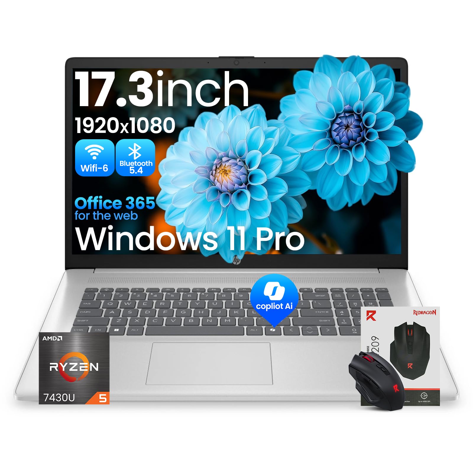 HP 17 inch laptops, AMD Ryzen 5 7430U(Beats i7-1255U), 20GB RAM 512GB SSD, Windows 11 Pro, 17.3 FHD IPS 300Nits Display, Copilot