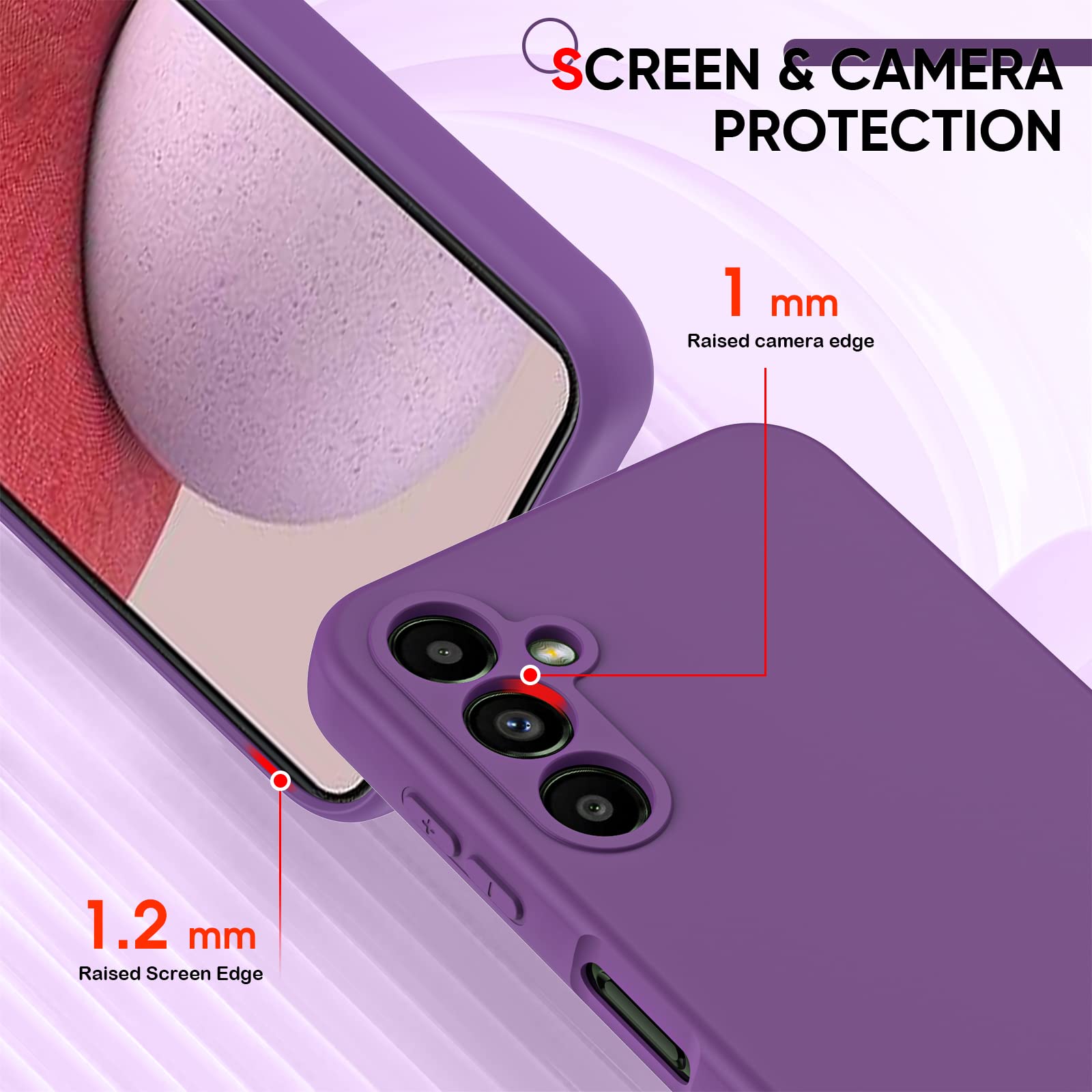 Leyi For Galaxy A14 5G Case: Liquid Silicone, Slim Silky Soft Protective Cover, Red Purple With 2 Pack Tempered Glass Screen Pro