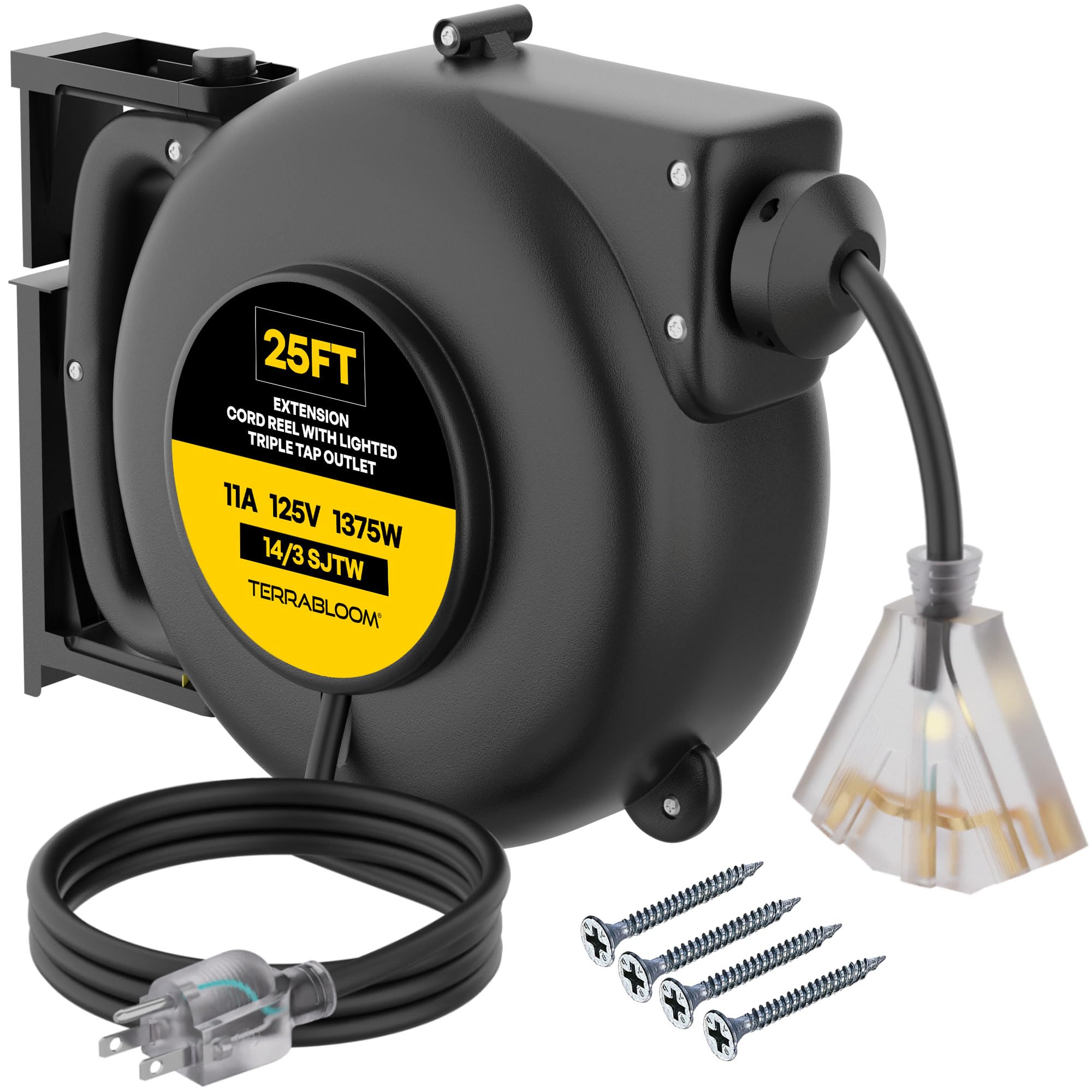 Terrabloom Retractable Extension Cord Reel With Light Indicator   14/3 Cord Reel 25 Ft   Triple Outlet Electric Cord Reel   Wall