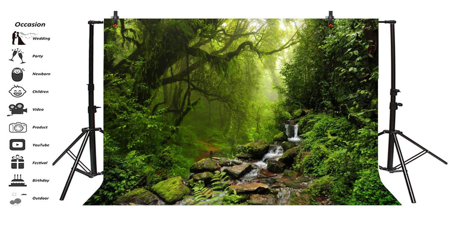 Lfeey 7X5Ft Graceful Natural Scenery Backdrop Evergreen Forest Jungle Rock Flowing Mountain Stream Rainforest Photography Backgr