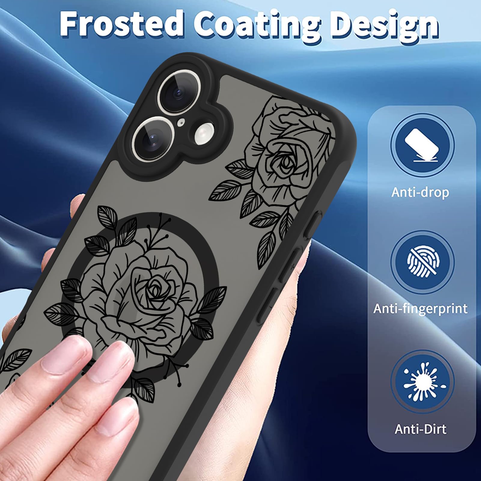 Ook Magnetic For Iphone 16 Case [Compatible With Magsafe] Black Flower Floral Slim Translucent Matte Case For Iphone 16 Case Cam