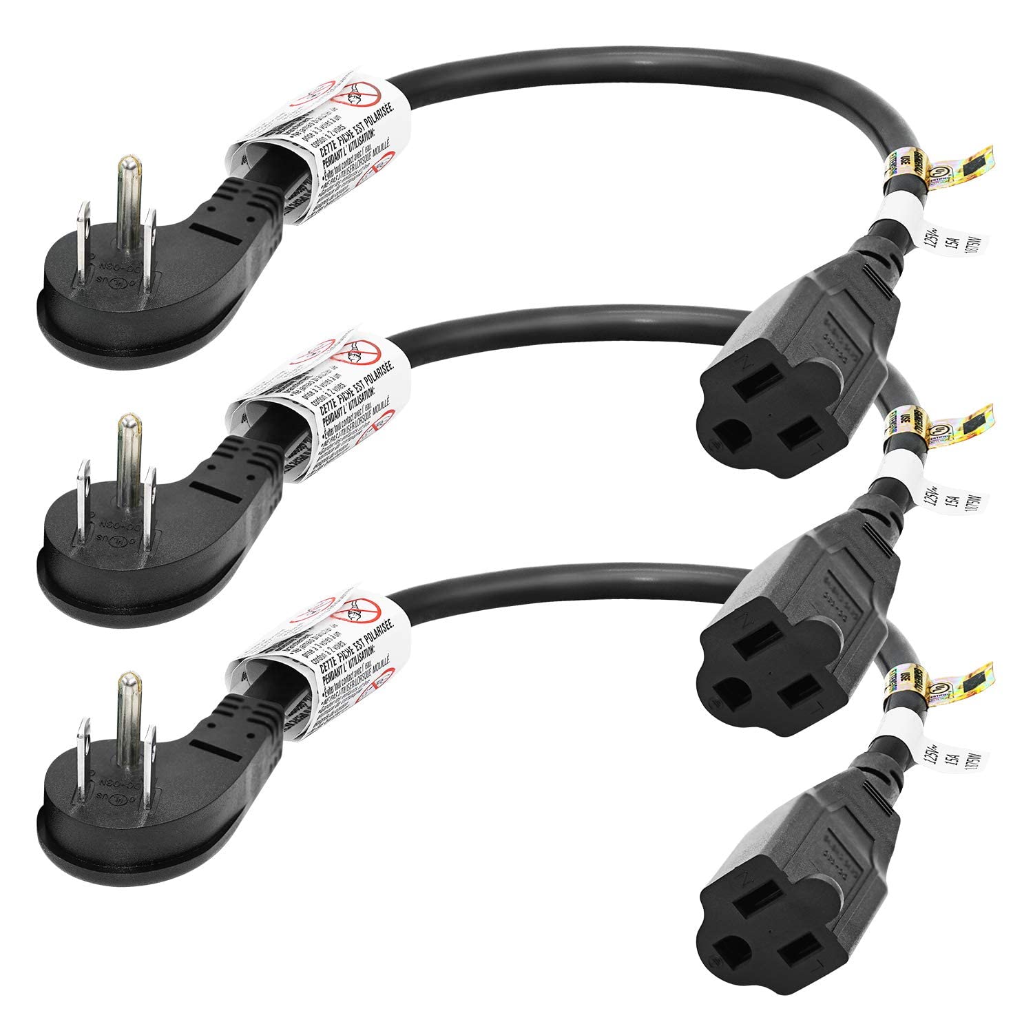 Firmerst 1875W Low Profile 1Ft Extension Cord 14 Awg Black 3 Pack