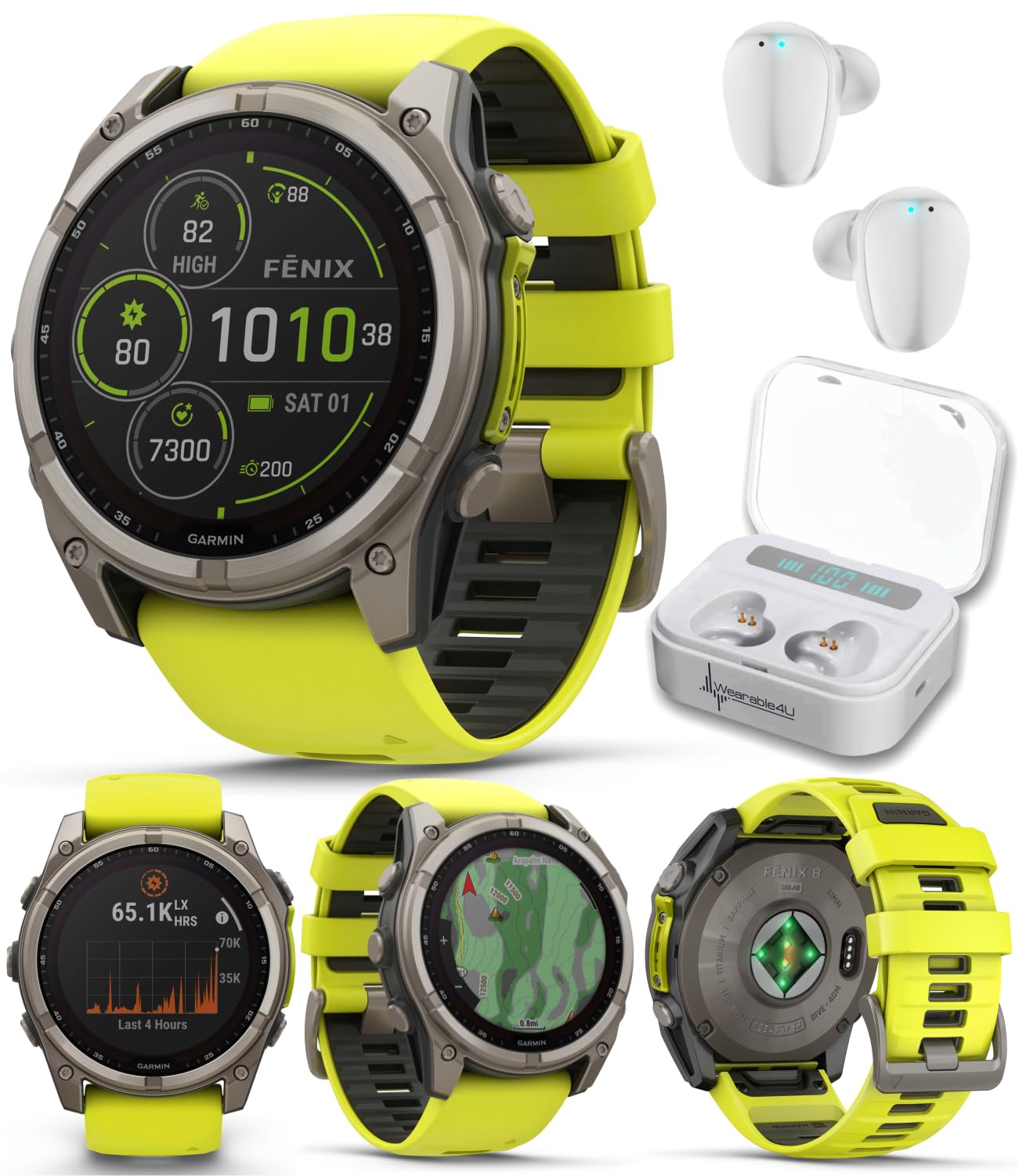 Garmin Fenix 8 51 mm, Solar, Sapphire Amp Yellow/Graphite Silicone GPS Multisport Smartwatch with Wearable4U White Earbuds Bundl