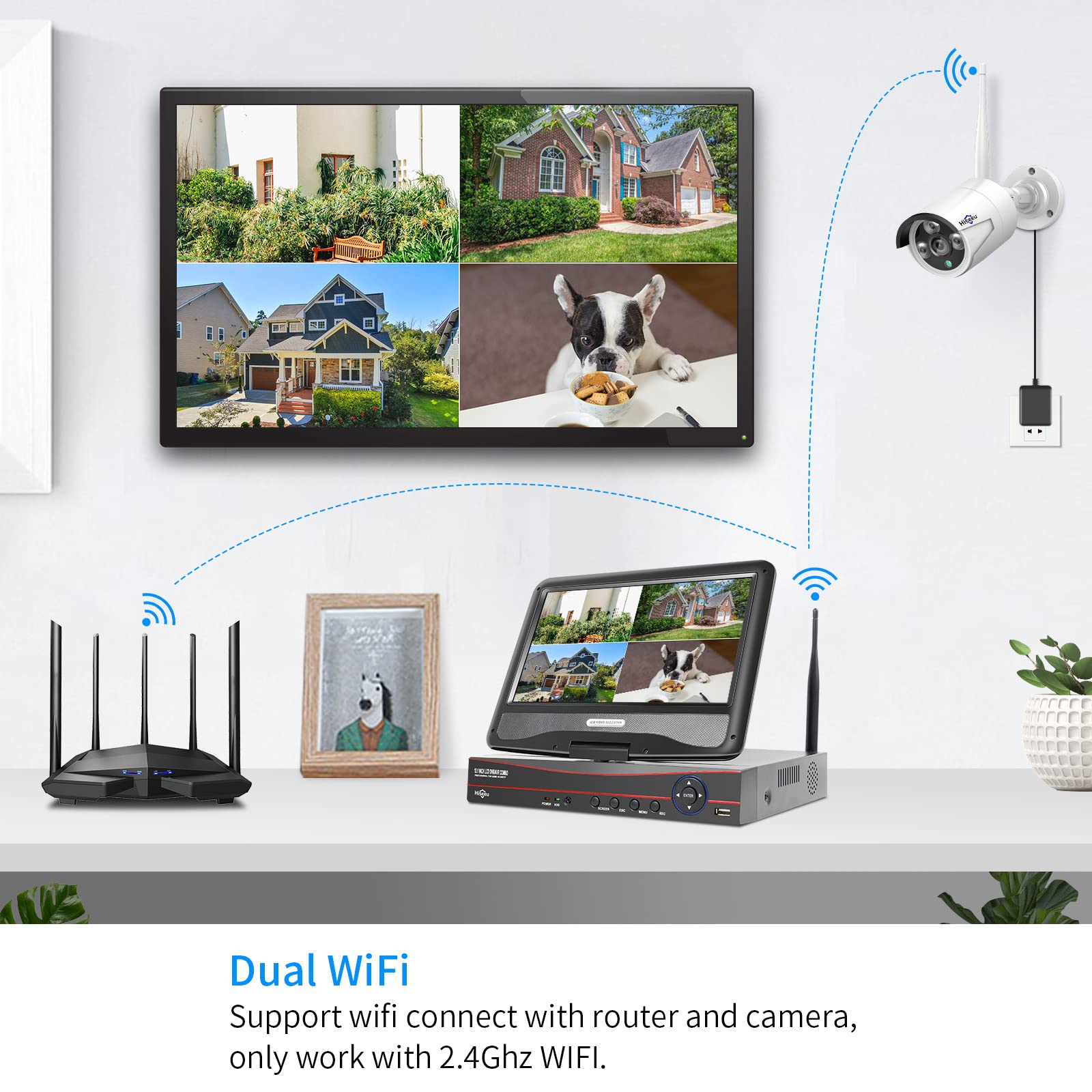 ?No Hdd? 10'' Lcd Wireless Wifi Nvr 10 Channels Network Video Recorder, Motion Detection Zones, 24/7 Record, Work With Hiseeu Eseecloud 1080P/3Mp/5Mp Wireless Camera