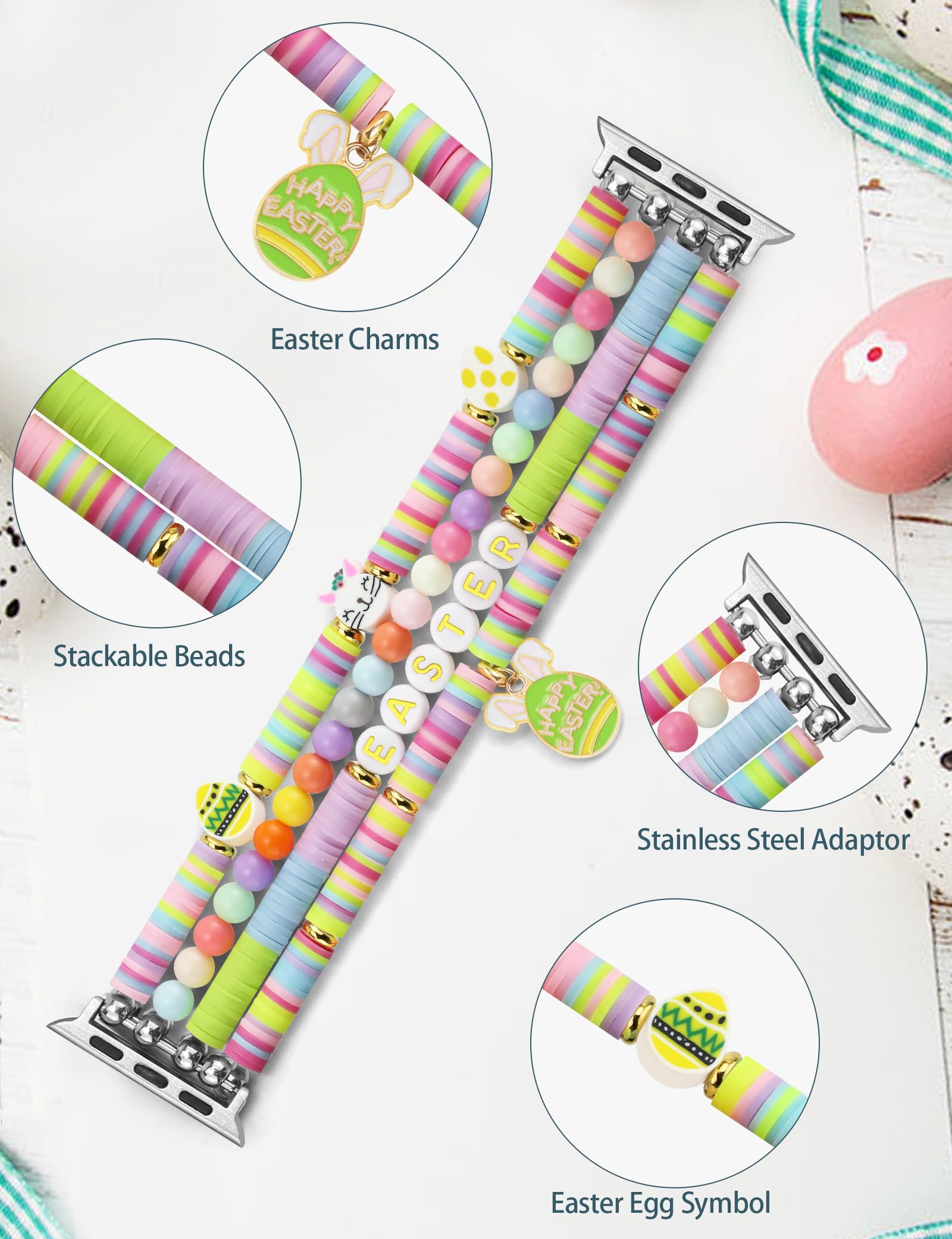 Jr.Dm Easter Eggs Beaded Bracelet Compatible With Apple Watch 44Mm 45Mm 42Mm 46Mm For Women, Cute Preppy Stackable Handmade Stre