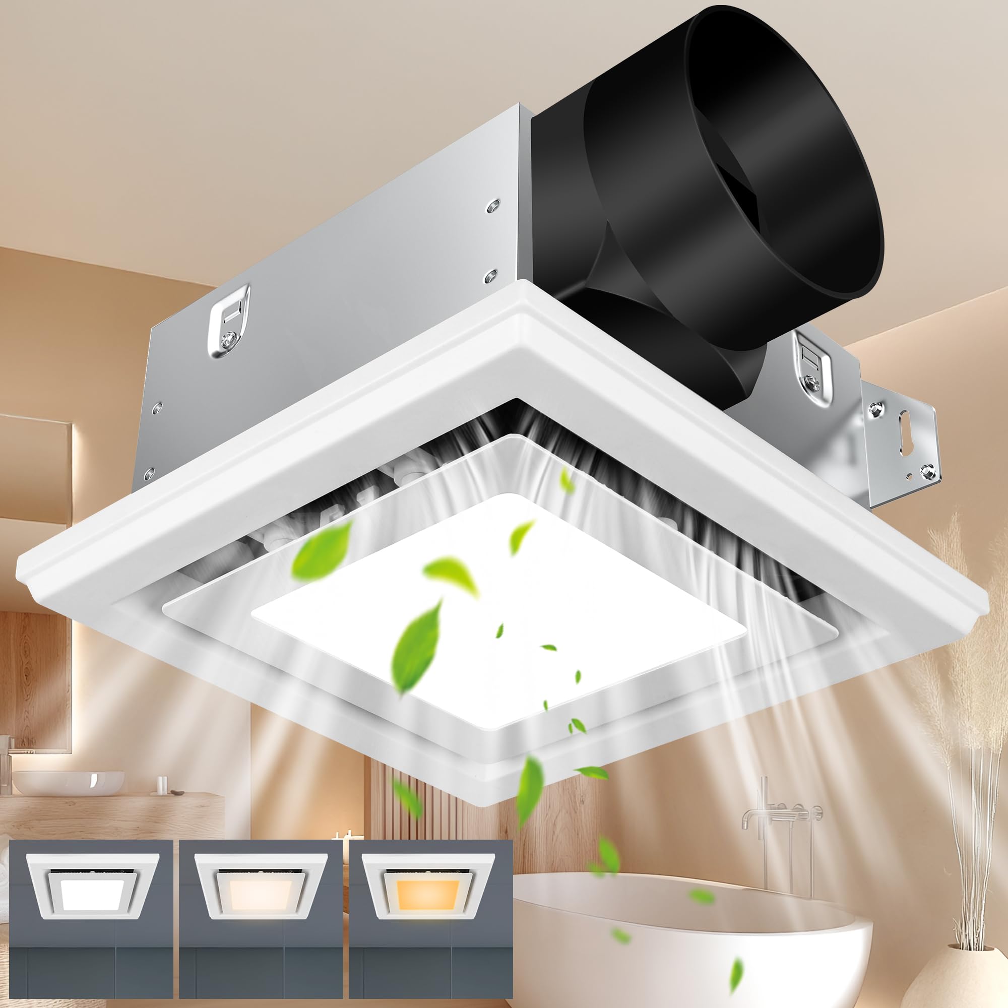 Gaciban Bathroom Exhaust Fan With Light, Bathroom Fan With 1200Lm Led Light 3Cct Selectable, Quiet 1.0 Sone, 110 Cfm Bath Ventil