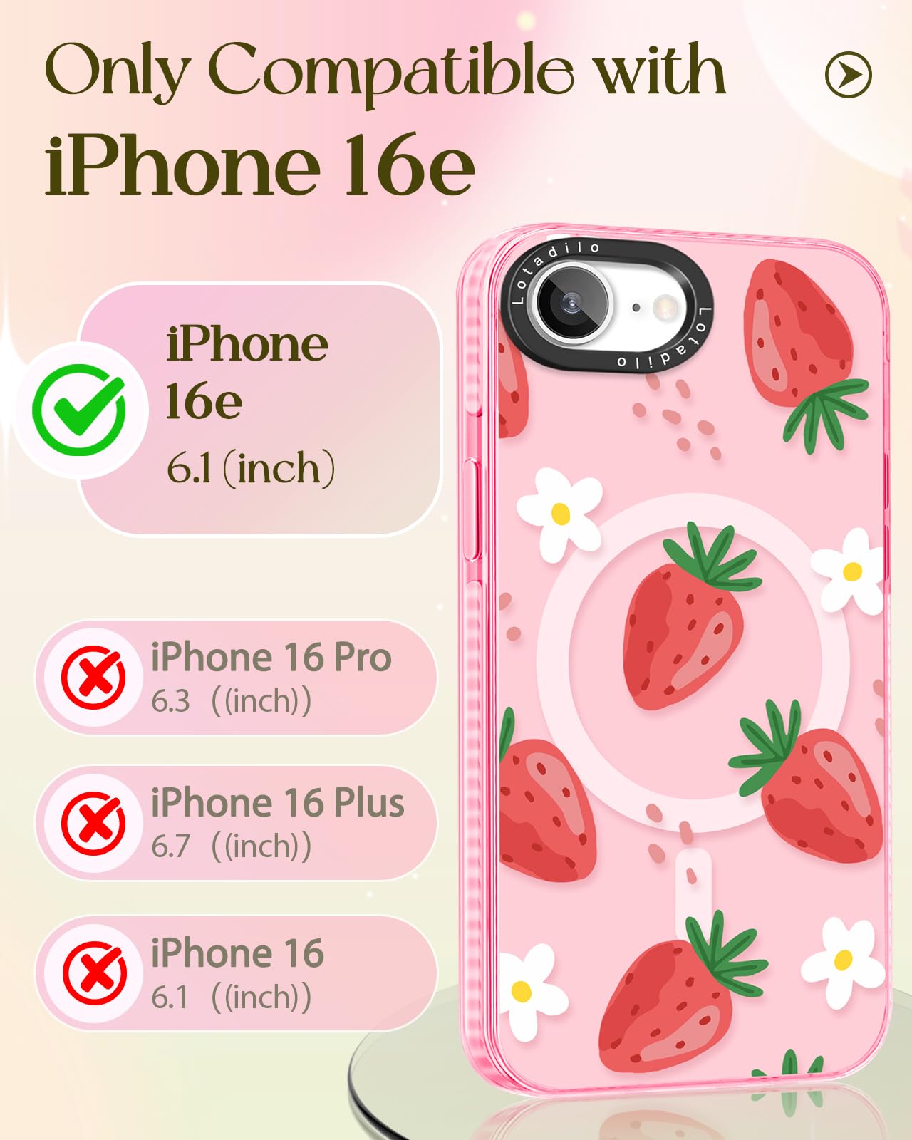 Lotadilo Cute Case For Iphone 16E For Women Girls - Funny Strawberry Flower Design Compatible With Magsafe Magnetic Ring Holder