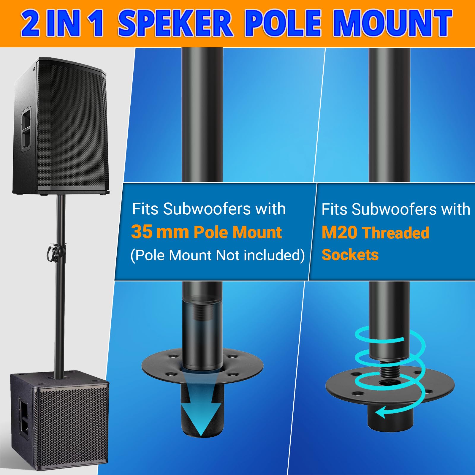 Qoope 2 In 1 Speaker Pole Mount For Subwoofer - Height Adjustable, M20 Threaded & 35Mm Adapter, 132 Lb Load Capacity