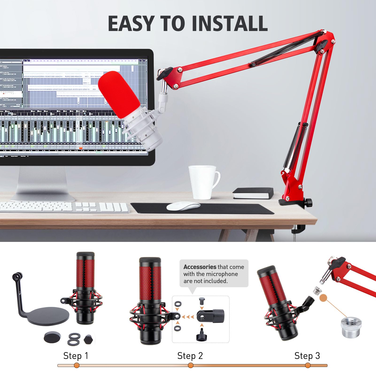 Sunmon Hyperx Quadcast Boom Arm   Red Boom Arm For Hyper X Quadcast With Red Quadcast Pop Filter, Sound Insulation And Noise Red